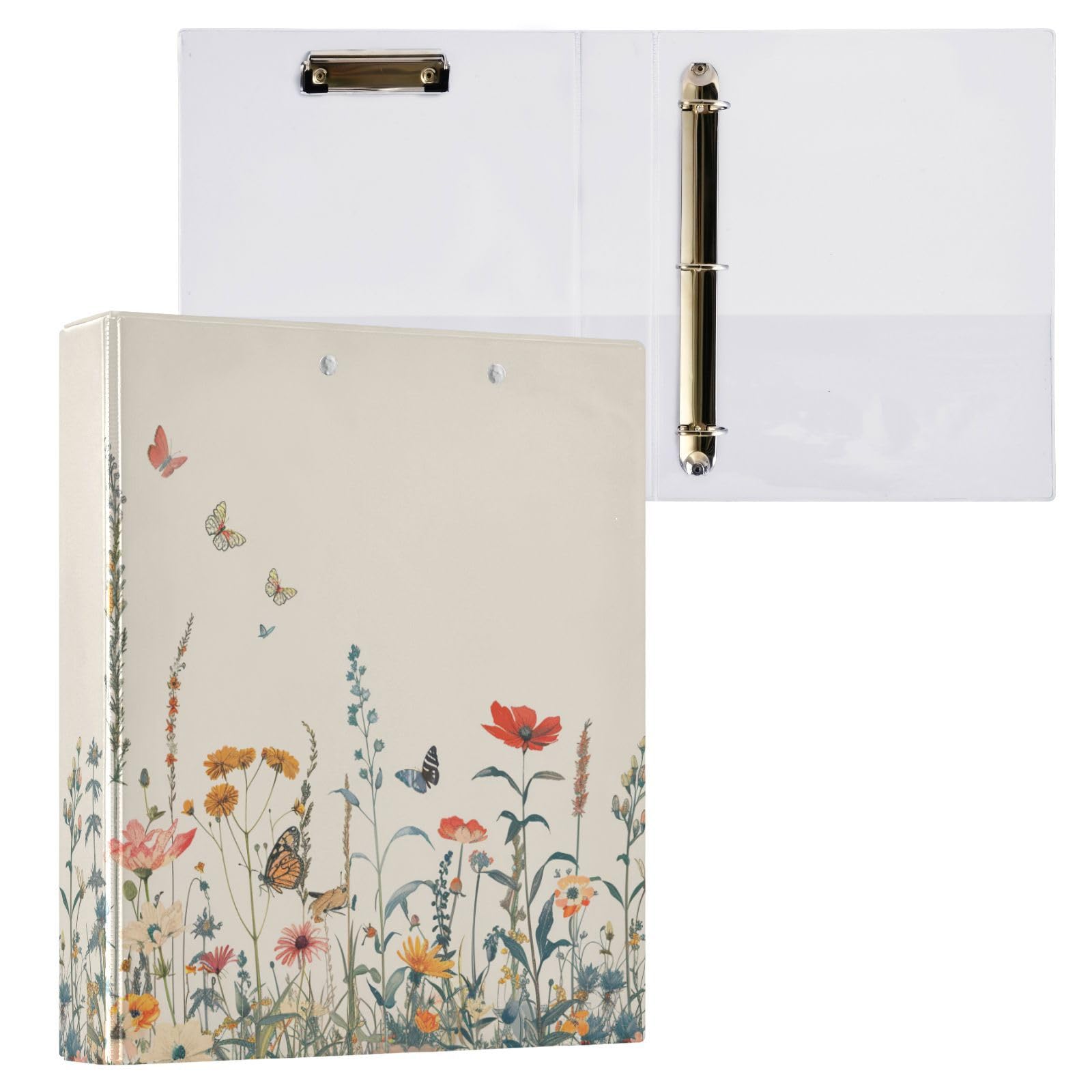 3 Ring Binder, Hand Drawn Flowers Butterflies File Folder Holds 200 Sheets File Storage for Women Men School Office Supplie