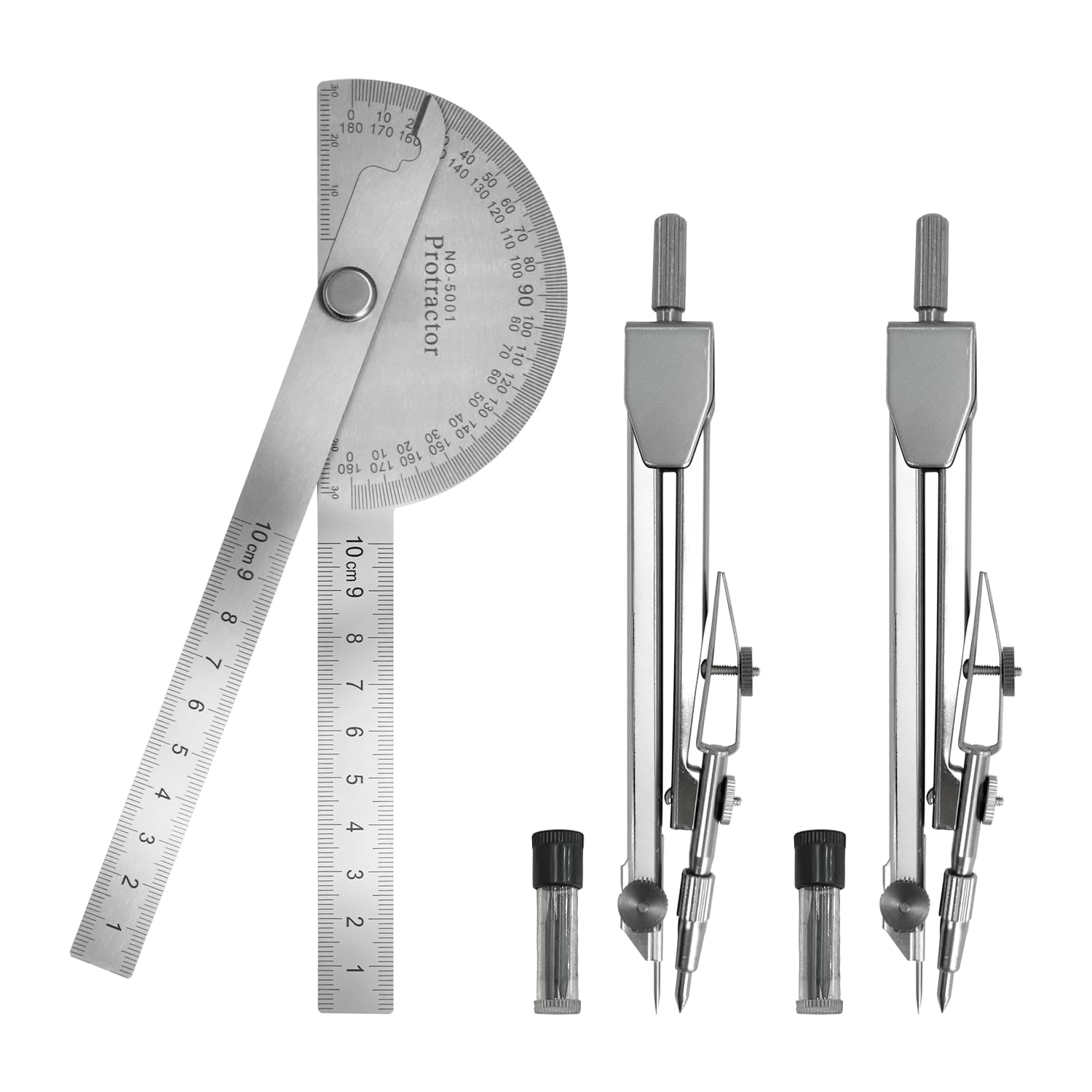 Protractor and Compass Set - 10cm (3.94 Inch) Stainless Steel Angle Finder with 2 Metal Compasses, 180° Adjustable Two Arm Ruler for Geometry, Woodworking, Engineering & School Supplies