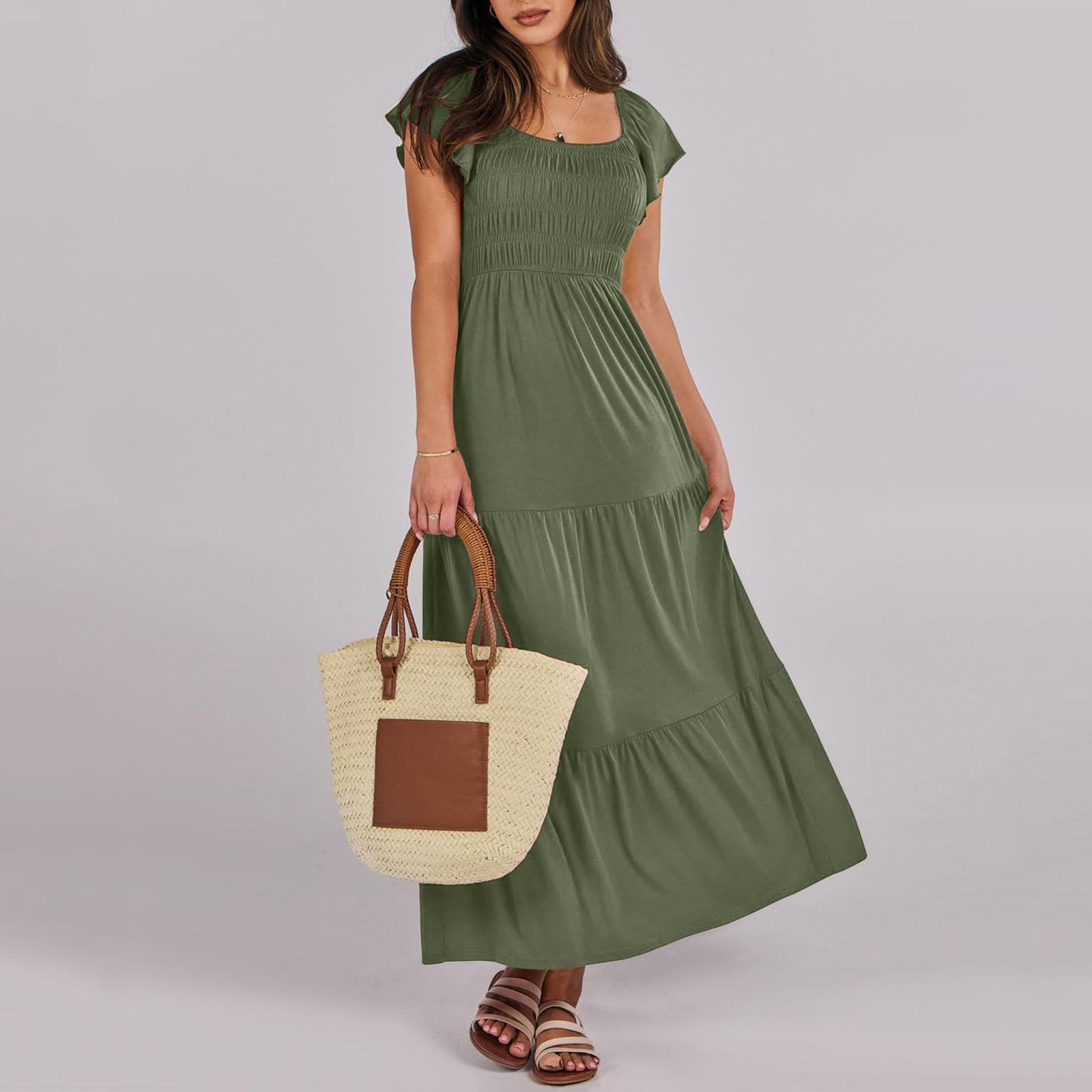 Vestido largo de verano para mujer, informal, manga corta, cuello en V, cintura elástica