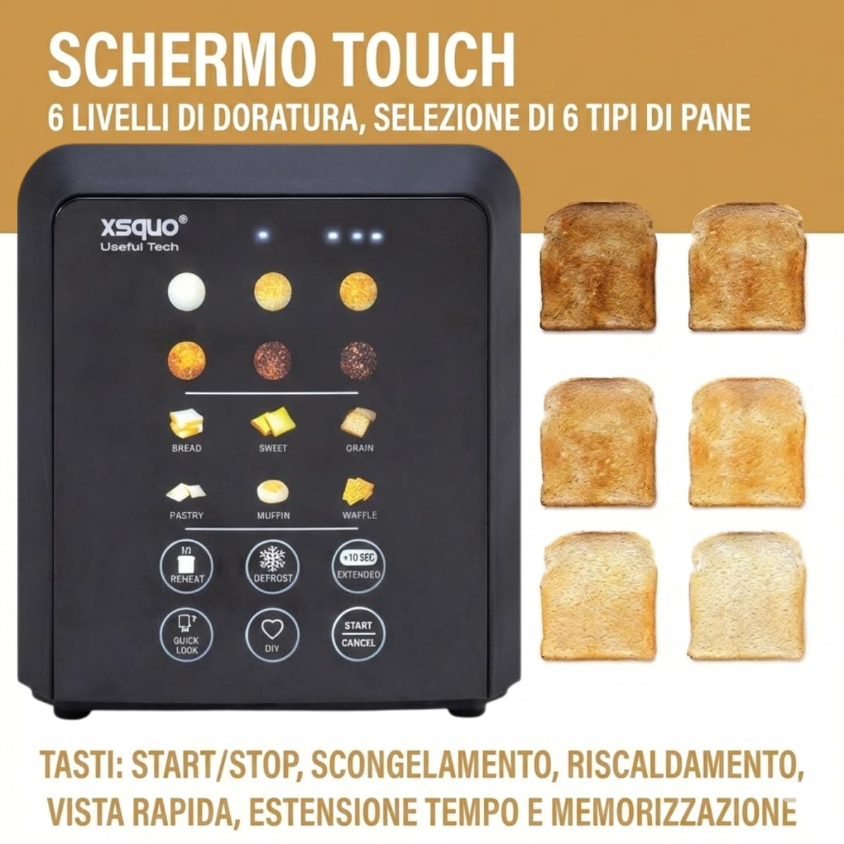 Tostapane Smart Touch Screen in Acciaio Inox - Tostapane 2 Fette con Display LED e Conto alla Rovescia, 6 Programmi di Tostatura, Funzioni Scongelamento e Riscaldamento, Vassoio Raccoglibriciole