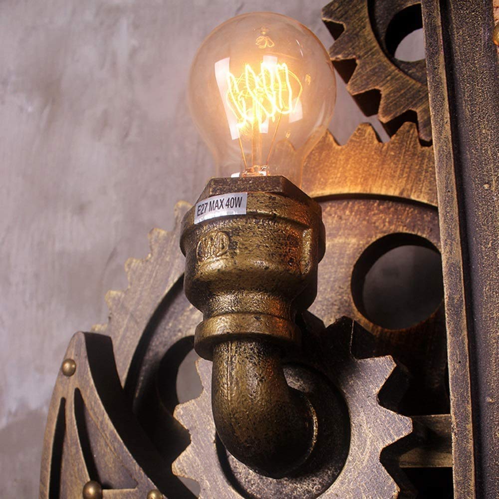 WXKAGF Lampada da Parete Stile Industriale retrò Loft personalità Creativa Soggiorno Caffetteria Ristorante Soggiorno Bar Ancoraggio Ingranaggio in Ferro battuto E27 2 Lampadine Luci Decorative (47 *