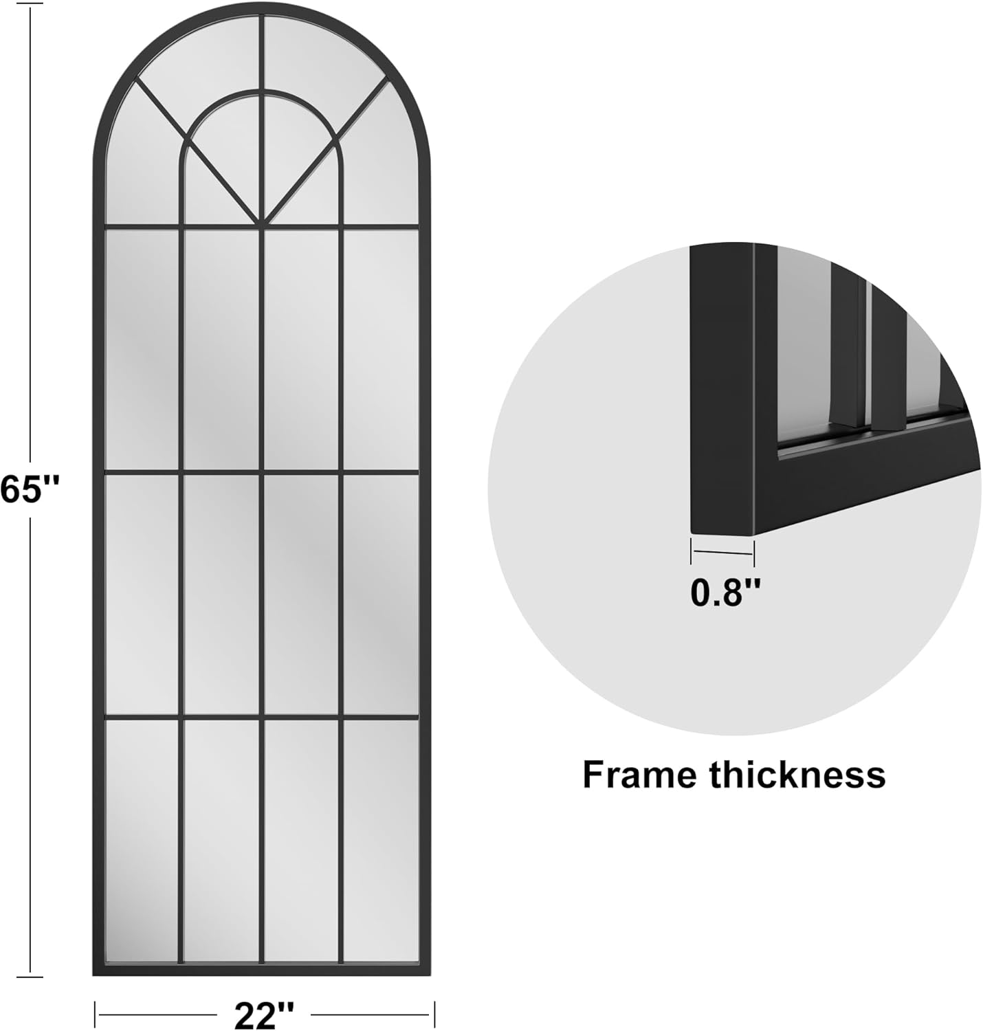 OGCAU Full Length Mirror, 65"x22" Arched Window Floor Length Mirror, Hanging or Leaning, Full Body with Iron Frame, Window Pane Wall Mounted Home Decor for Bedroom Living Room (Black)