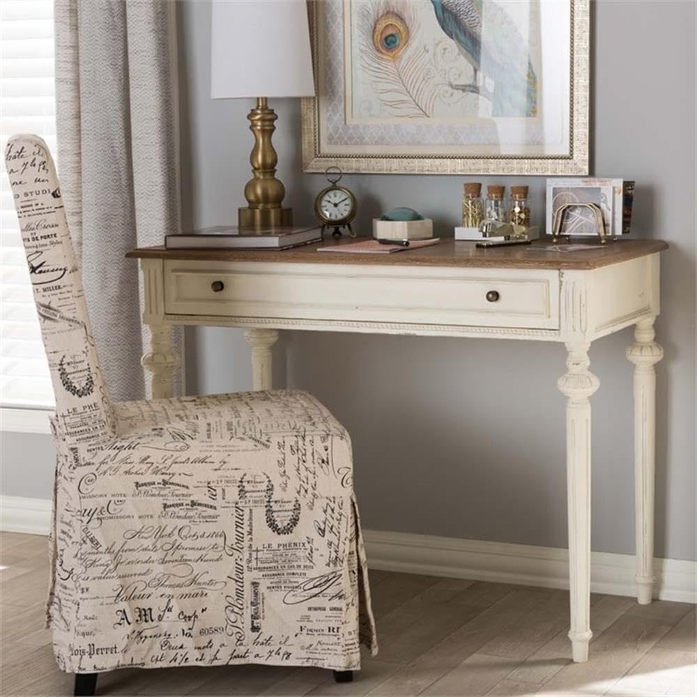 BOWERY HILL Contemporary French Provincial Writing Desk, 39.37 in W x 19.69 in D x 30.31 in H, MDF/Veneer Mindi/Hardwood, Distressed White and Natural Finish, Weathered Oak Top, Home Office or