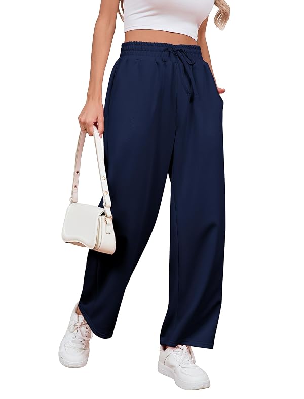 Yiyilina Wide Leg Sweatpants Women Baggy Lounge Sweat Pants with Pockets Casual High Waist Drawstring Work Athletic Joggers 2025 Fall(Navy Blue,S) by Yiyilina - Used condition - Image 6