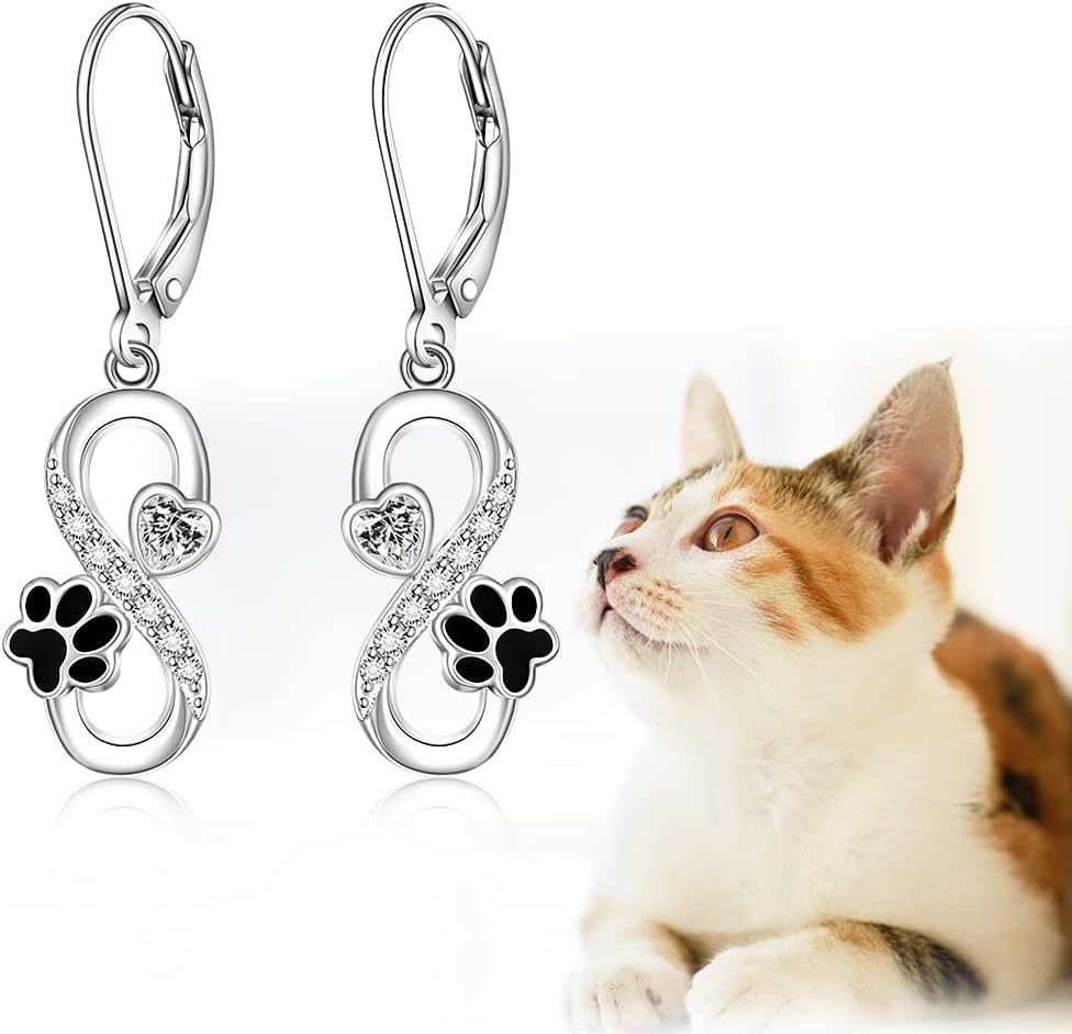 Cat Dog Paw Print Earrings for Women Sterling Silver Valentine Infinity Heart Puppy Claw Leverback Drop Dangle Earrings Cute Animal Memorial Jewelry Valentines Day Gifts - Image 4