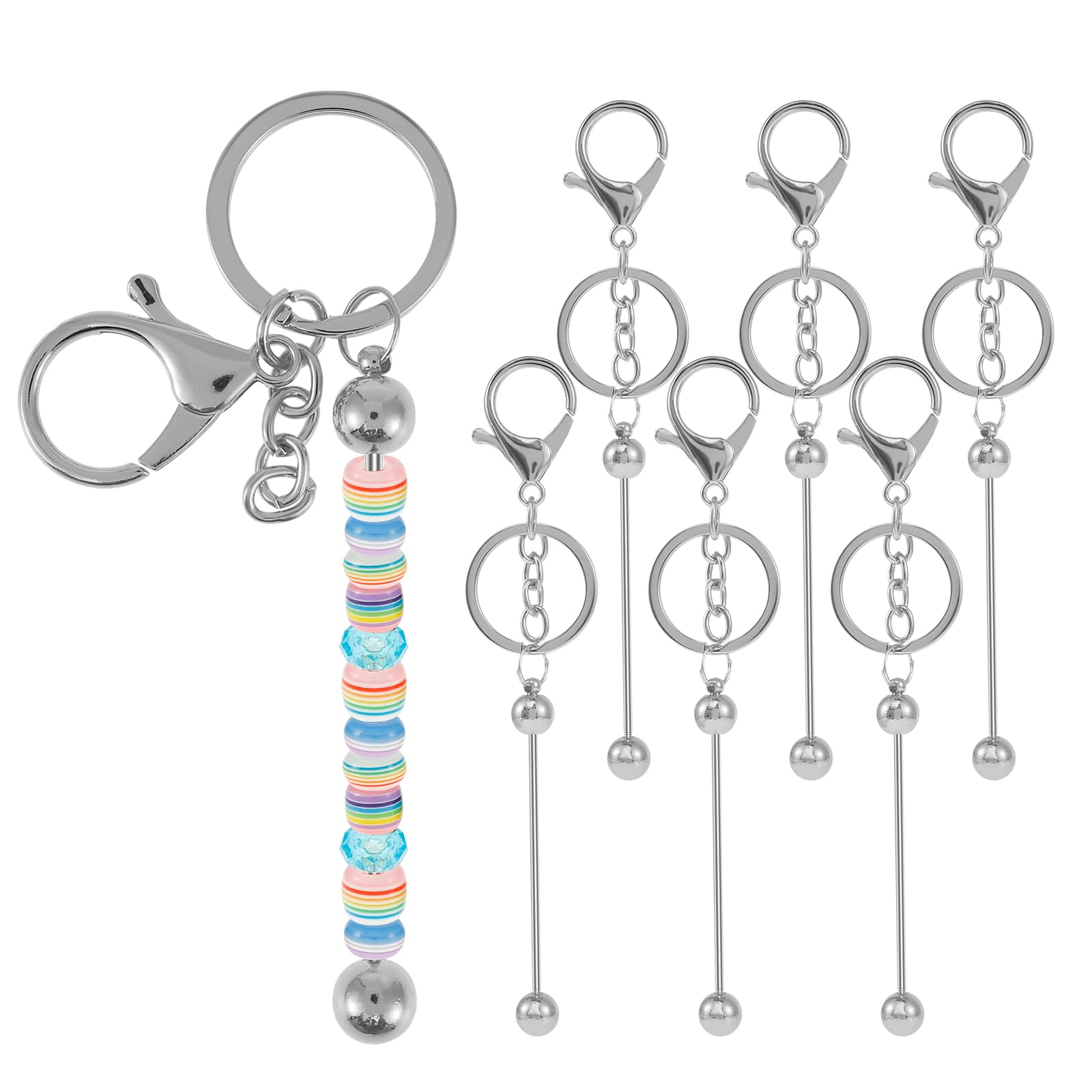 Beadable Keychain Bars Beadable Keychain Blanks Stylish Metal Buckle Chain Ring Clasp DIY Keychain Accessories for Key Chain Craft Jewelry Making (6PCS Silver)