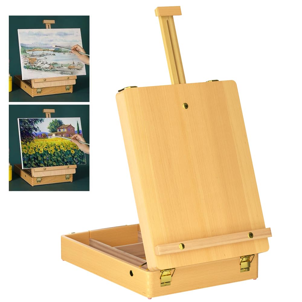 Art Supplies Box Easel, Wooden Table Top Easel, Artist Easel and Table Sketching Box, Portable Desktop Easel with Storage Space for Painters, Adult, Kids, Student, Artist, Beginner