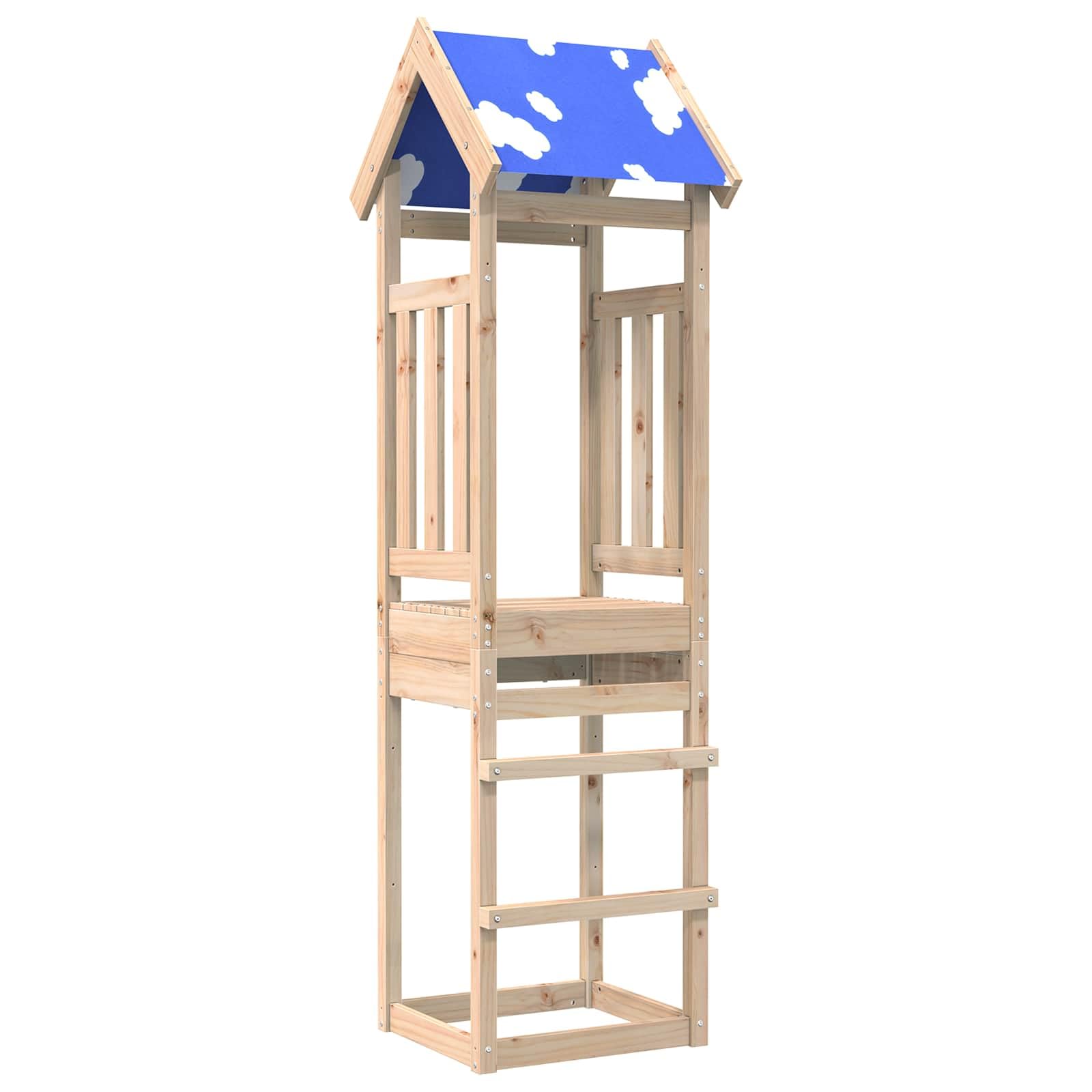 Spielturm aus massivem Kiefernholz braun 52,5 x 46,5 x 208 cm, Spielhaus Gartenhaus Kinderhaus, Stelzenhaus Baumhaus mit Veranda, Tür, Fenster und Dach für Garten Terrasse Hof draußen