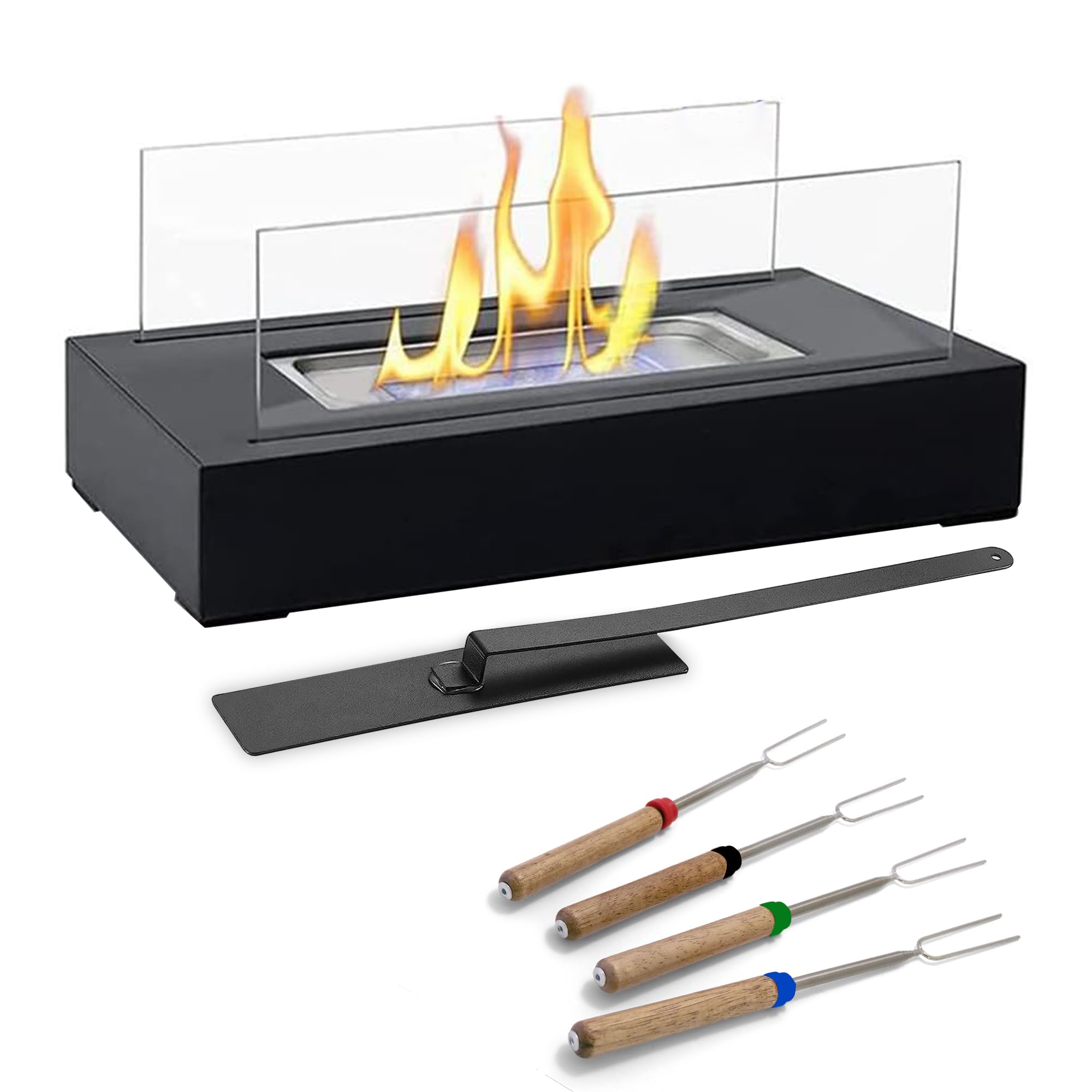 Tabletop Fire Pit - Black Powder Coated Steel Base and Extinguisher - Tempered Glass Panels - Tabletop Fireplace - Stainless-Steel Burner with Ceramic Wool Wick - Indoor Tabletop Firepit