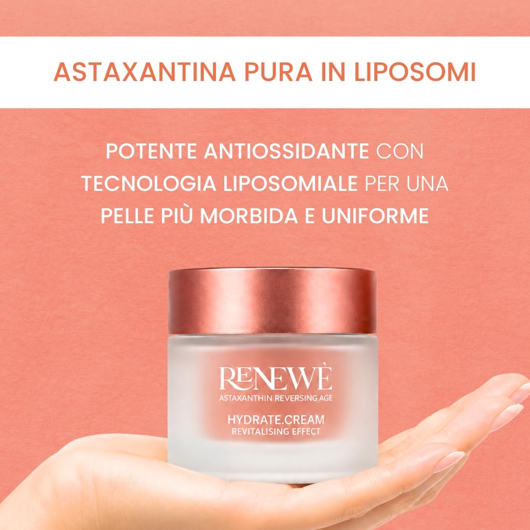 Renewè HYDRATE.CREAM Crema Viso Idratante Antiage Antiossidante con Astaxantina Pura, Vitamina C, E e Acido Ialuronico - Texture Leggera a Rapido Assorbimento - 50 ml