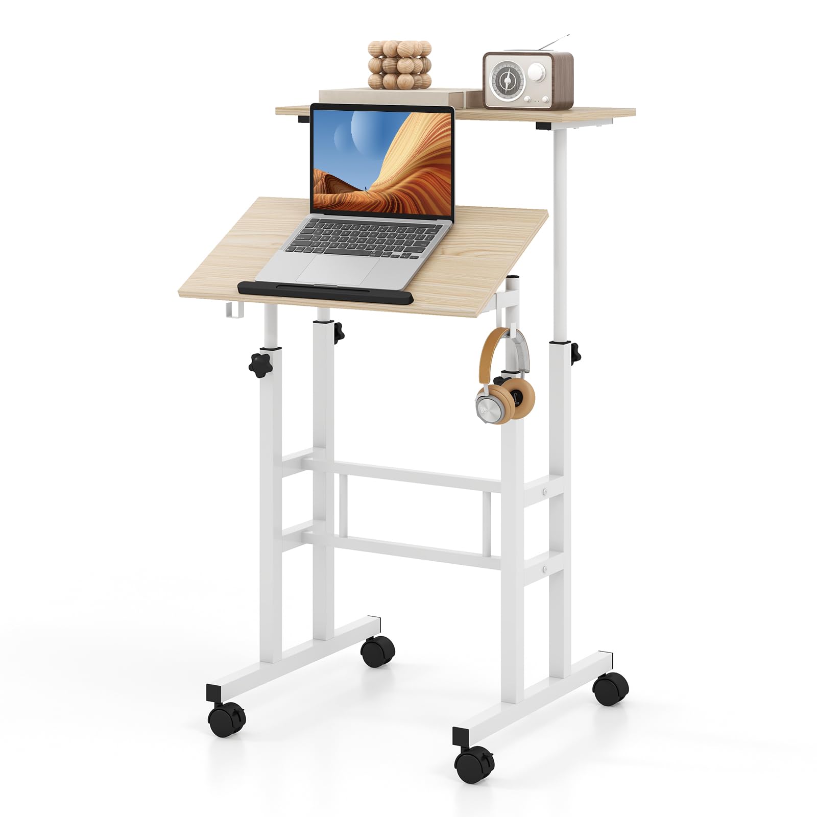 Tangkula Mobile Standing Desk, Height-Adjustable Laptop Podium Cart with Tilting Tabletop & Adjustable Angle, Rolling Stand Up Computer Desk with 2