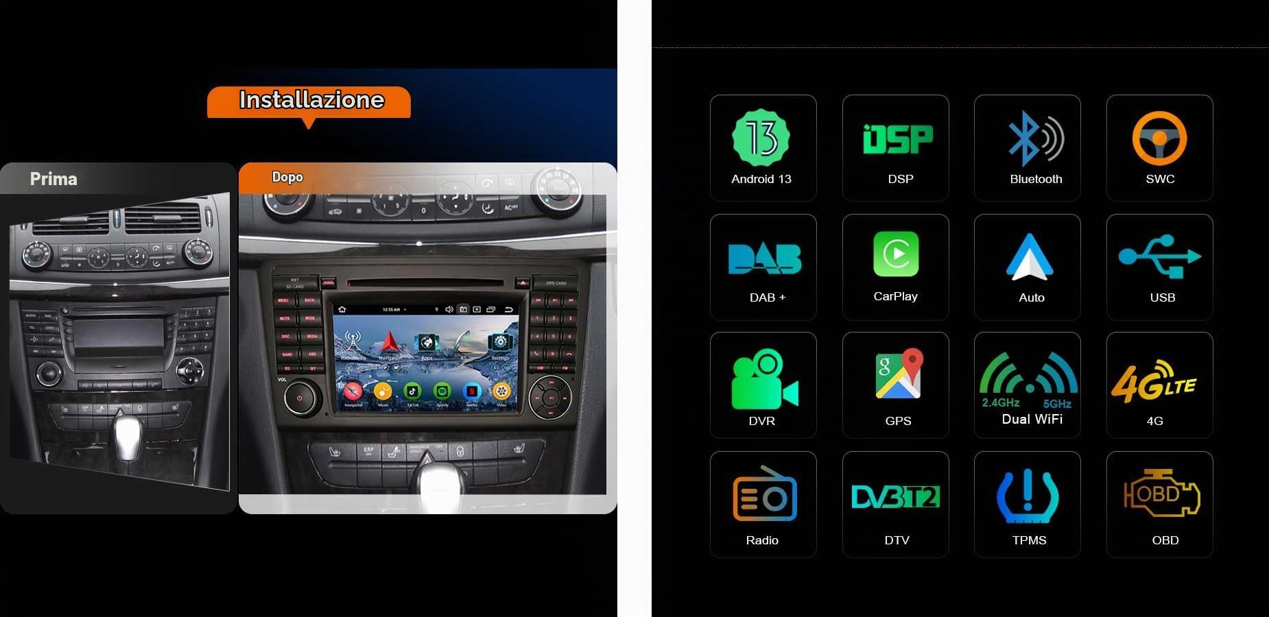 4+64GB Android 16 Autoradio per Mercedes Classe ML/GL W164 X164 Carplay | GPS Navigatore DSP Bluetooth 5.0 WiFi Dab+ TPMS Lettore DVD Schermo tattile