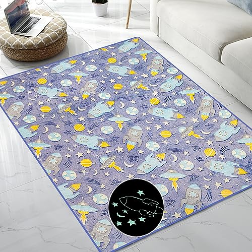 Image of QH Space & Rocket Pattern Glow in The Dark Area Rug Area Rug for Living Room Bedroom Kids Room Size 5'x6'