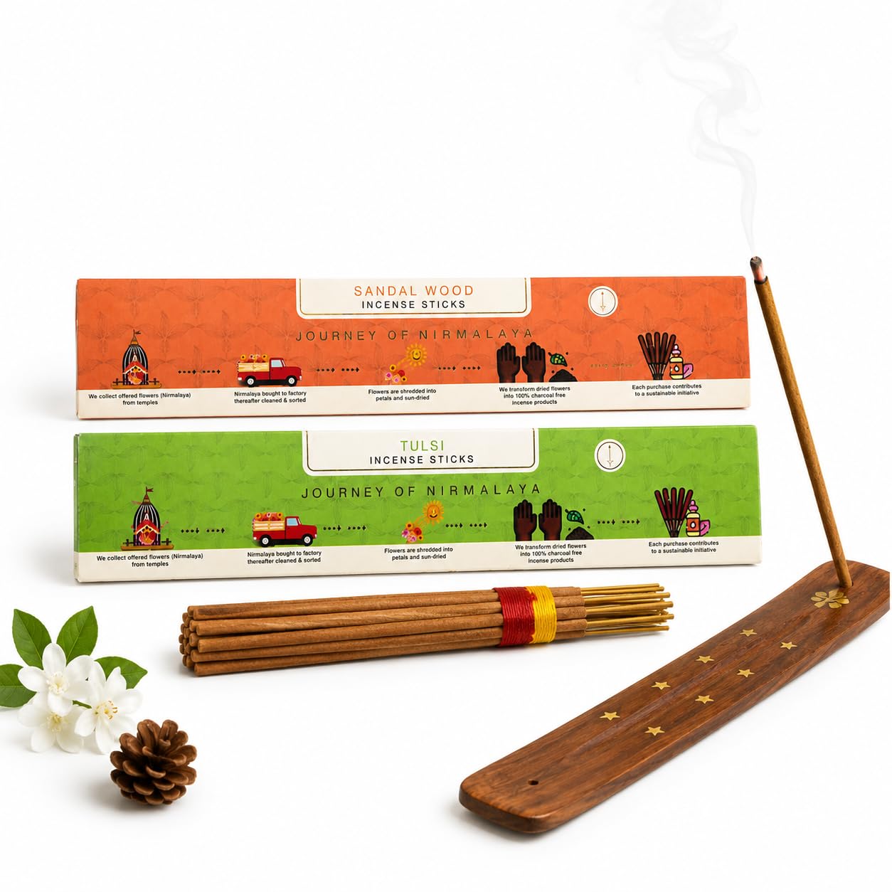 Nirmalaya Premium Recycled Flower Incense Sticks | 100% Organic & Charcoal-Free Agarbatti for Pooja, Meditation, Yoga and Aromatherapy Home Fragrance | Sandalwood, Tulsi Pack of 2-image-20