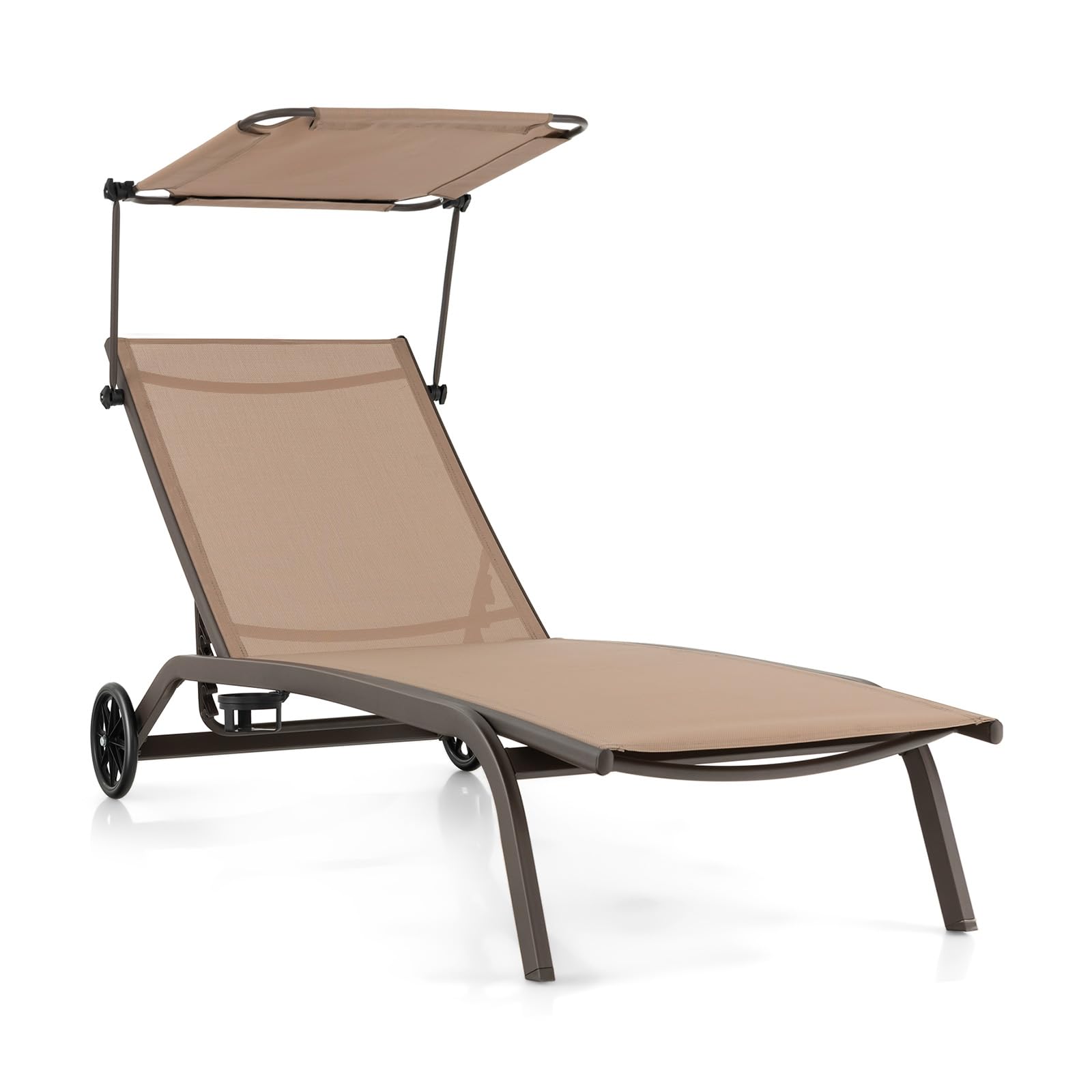 COSTWAY Bain De Soleil Inclinable 6 Niveaux - Transat Jardin Avec Roues, Auvent Réglable, Porte-Gobelet, Charge 150 Kg (Brun Clair)