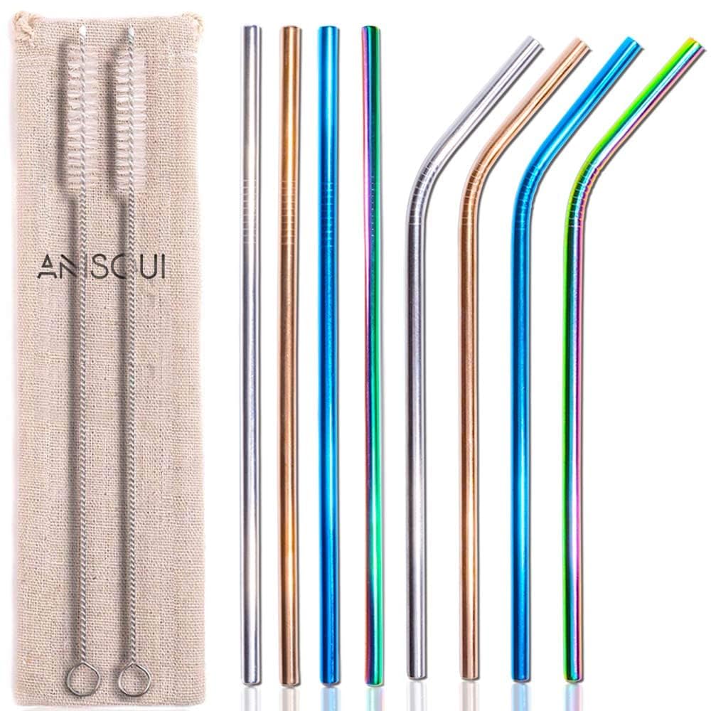 Set of 8 Metal Straws and Cleaner Brushes, 21.5cm Length with 6.5mm Diameter Coloured Stainless Steel Straws Drinking Reusable (4 Straight + 4 Bent), with Cottonstorage Bag Perfect for Travel