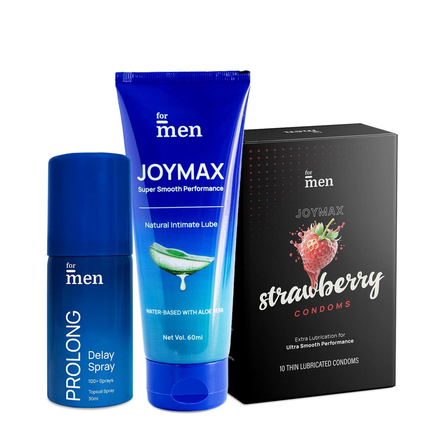 ForMen JOYMAX Strawberry Flavored Extra Lubricated Condoms (10 sheets) with Prolong Spray (30ml) and Water-Based Intimate Lube Gel (60ml) with Aloe Vera Combo-image-3