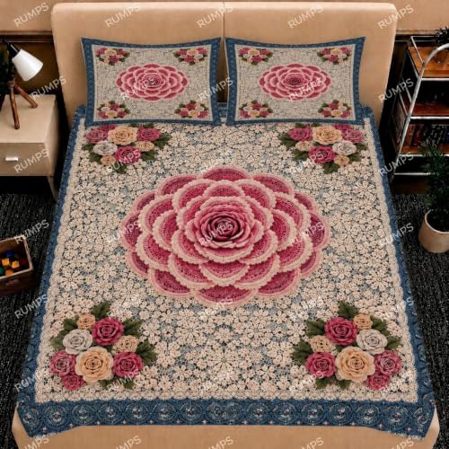 Image of RUMPS 3D Digital Printed Double Bedsheet Flat | Premium Knitted Cotton MicroFabric 90x100 Inch Bed Sheet with 2 Pillow Covers, Cute Cartoon Blue Bird (7D Digital 11)