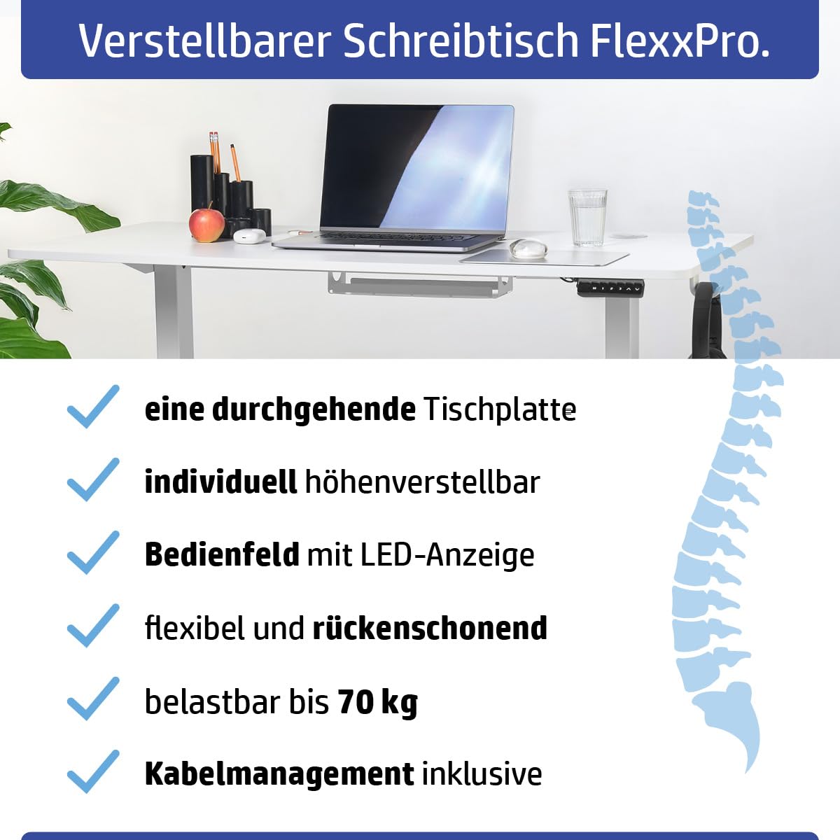 Höhenverstellbarer Schreibtisch FlexxPro | 3 Größen & 2 Farben | Durchgehende Arbeitsplatte | Inkl. LED-Bedienfeld & Kabeldurchführung | elektrisch stufenlos & ergonomisch | 120x60cm Weiß