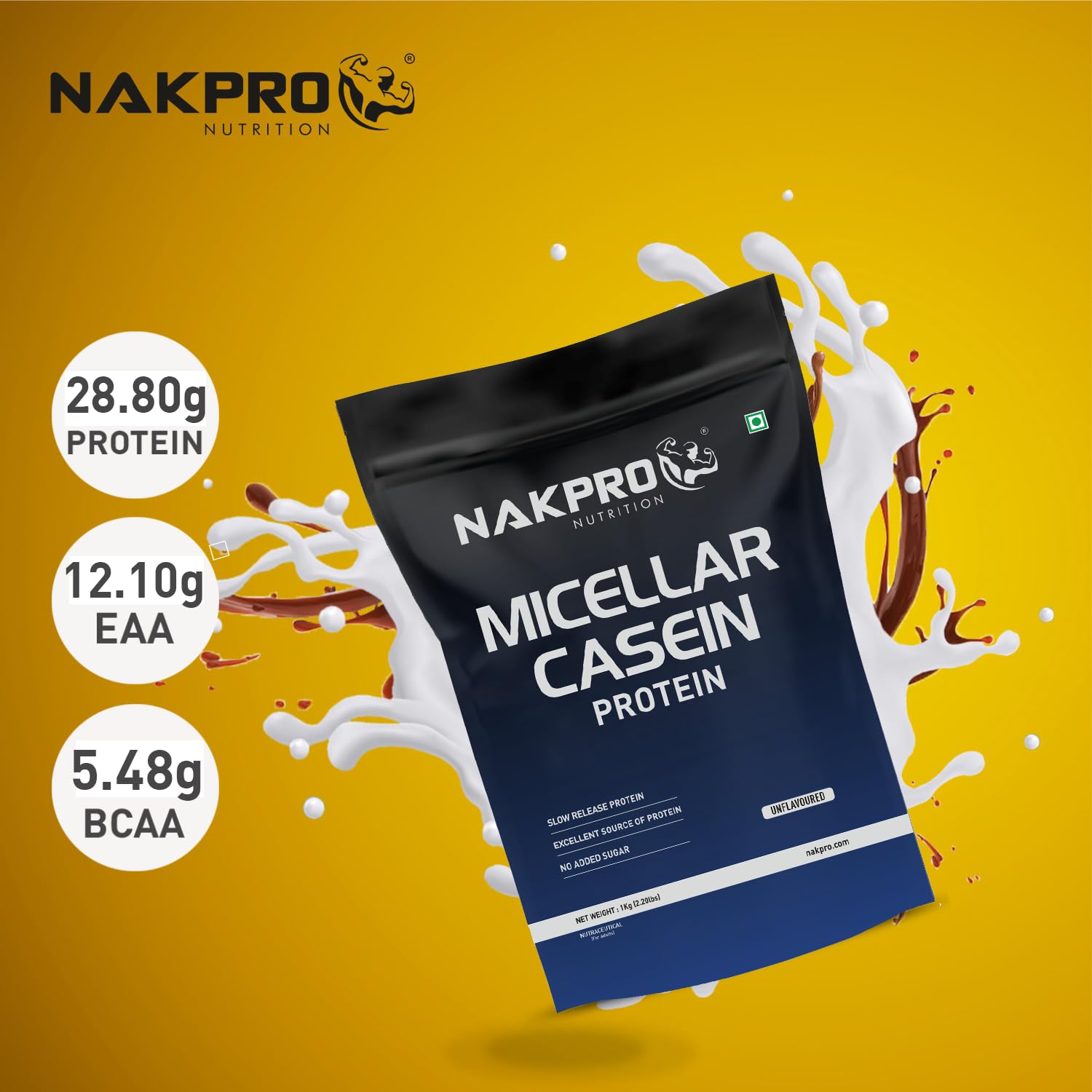 NAKPRO 100% Micellar Casein Protein Supplement |28.8g Protein, 12.10g EAAs, 5.48g BCAAs - (Unflavoured-1 Kg) — Amazon image 4