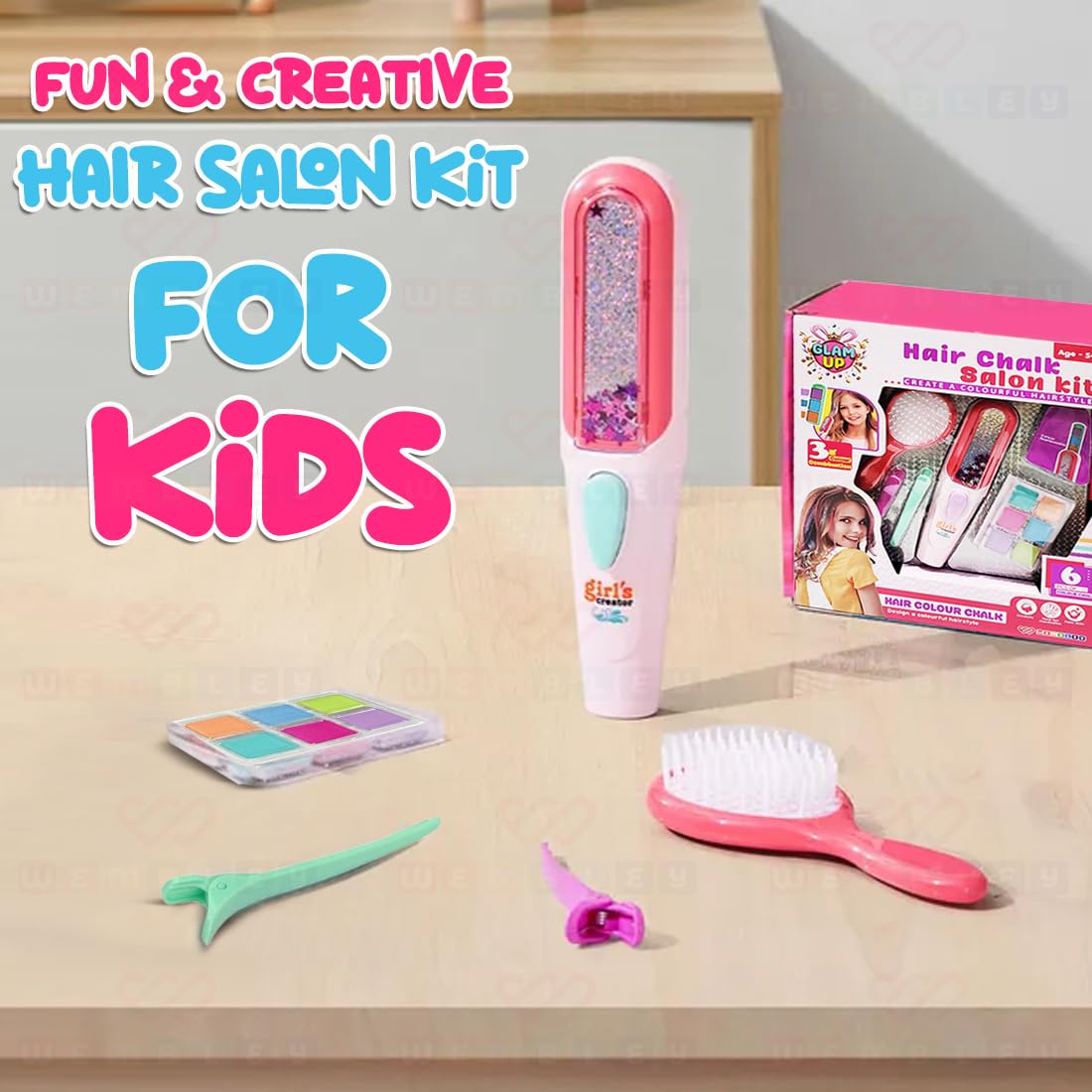 Wembley Hair Dyeing Salon Kit for Kids Teens Pretend Play Toy Hair Strands Color with Hair Dye Machine 6 Color Blocks & Accessories Hairstyling Fun Set Non-Toxic Safe for Kids 4