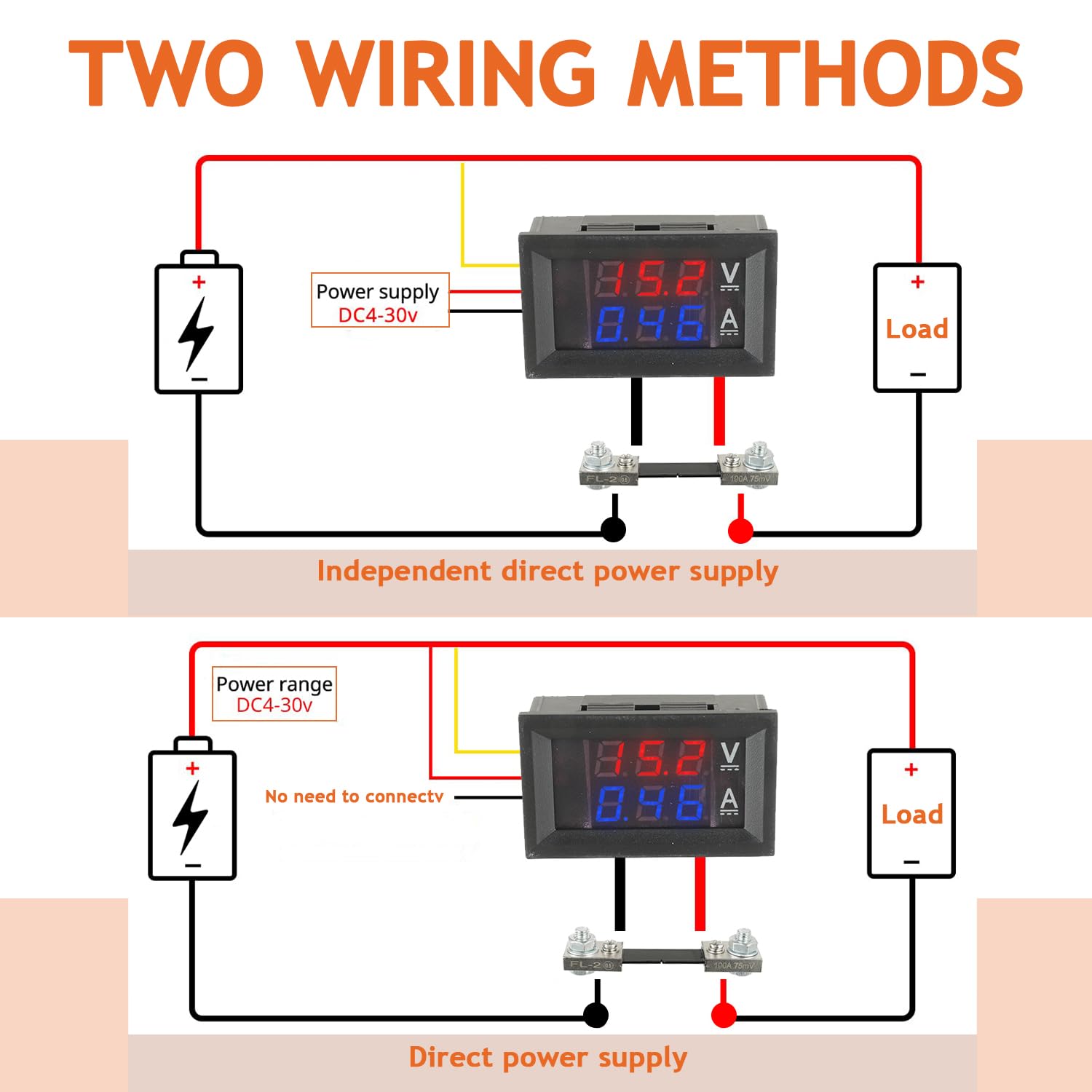 100A DC 0-100 V Amperometro digitale a LED da 0,28" Voltmetro con shunt, rivelatore rosso misuratore di corrente