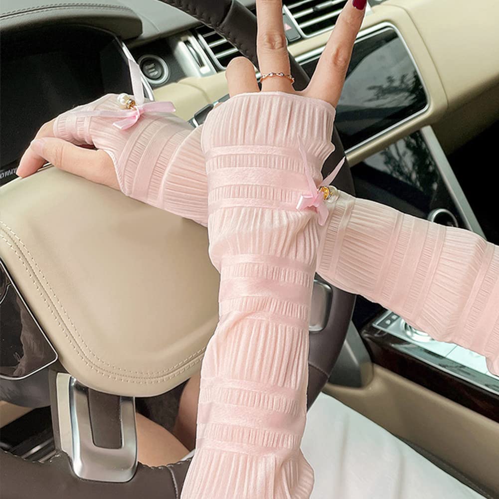Ice Silk Arm Sleeves Women Sun UV Protection Long Arm Covers with Pearl Bow Half Fingerless Gloves Arm Sleeves Arm Leg Pink