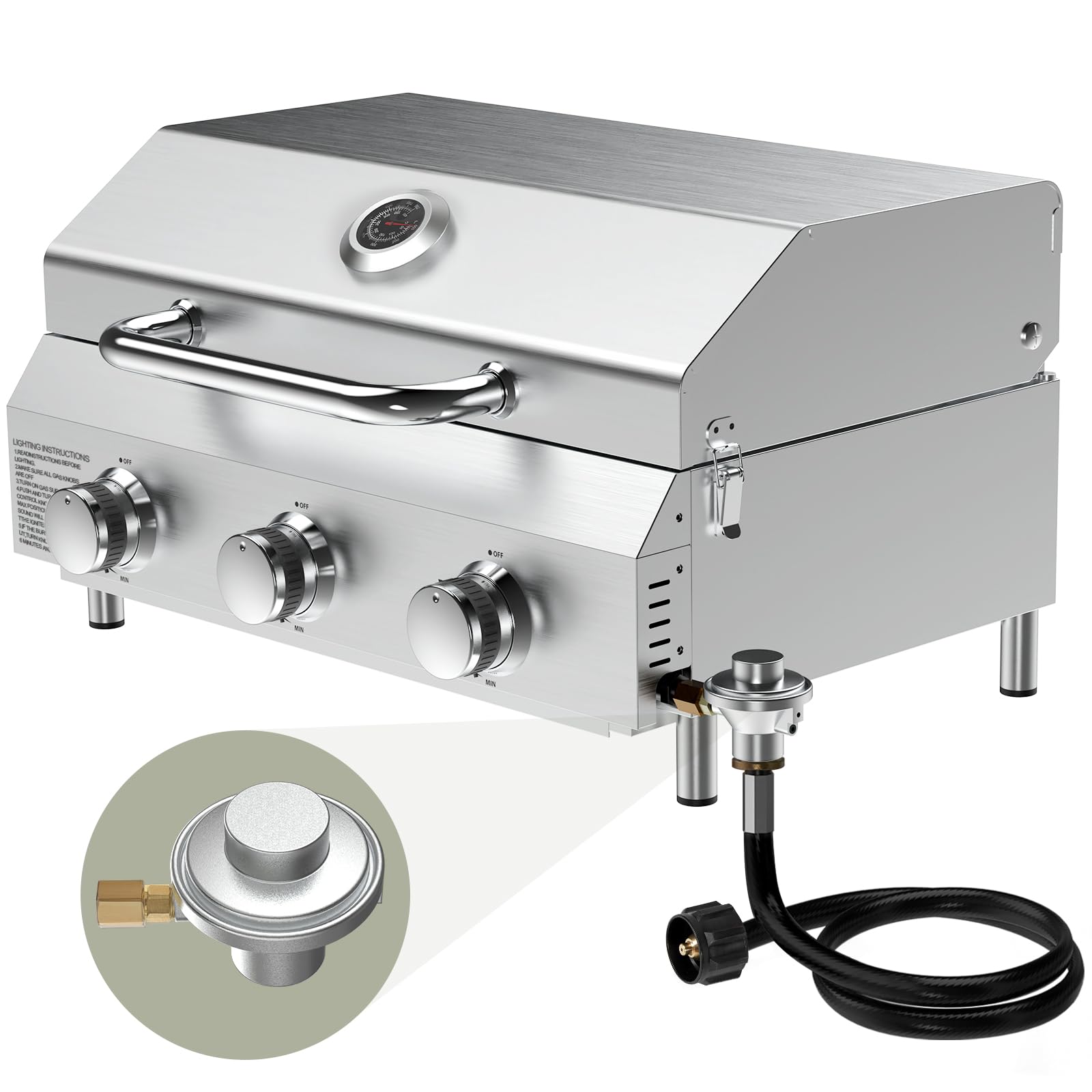 Bestfire 3-Burner Tabletop Propane Gas Grill with Dual Connections, 30,000 BTU Portable Propane Grill Fits Large Cylinders &amp; Small Canisters, Knobs, Compact Design for Camping, RV, BBQ