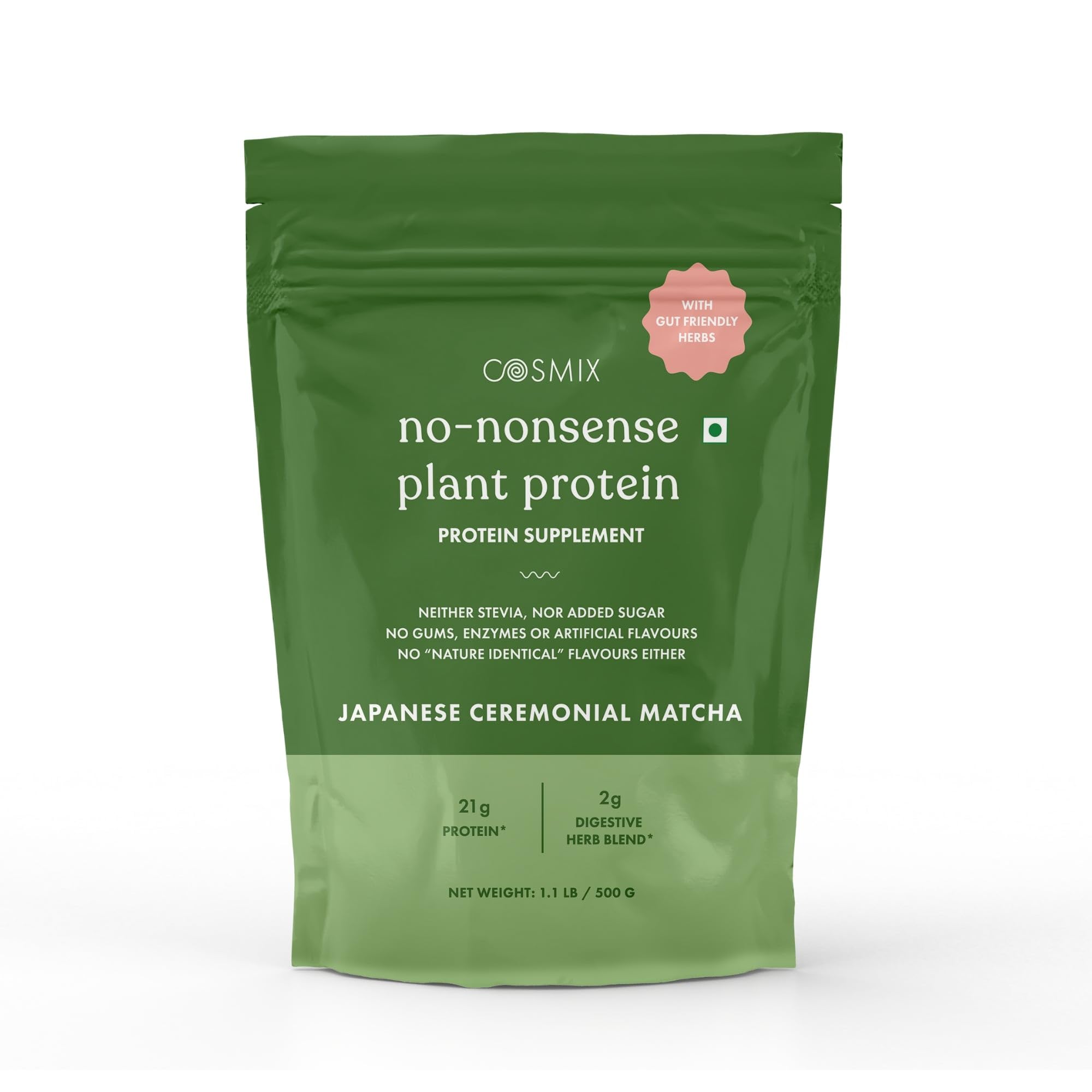 cosmixNo Nonsense Plant Protein | Organic Pea & Brown Rice Isolate| Vegan | 24g Protein/Serving | Easy To Digest | All Essential Amino Acids | No Preservatives | Japanese Ceremonial Mathca - 500g