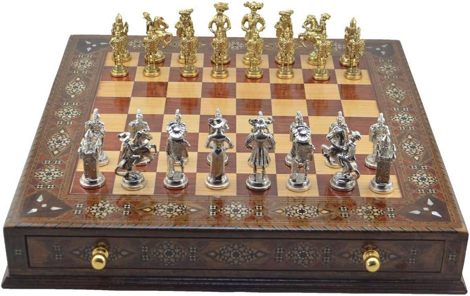 Metal Chess Set for Adults,Spanish Soldiers Handmade Pieces and Natural Solid Wooden Chess Board with Original Pearl Around Board and Storage Inside