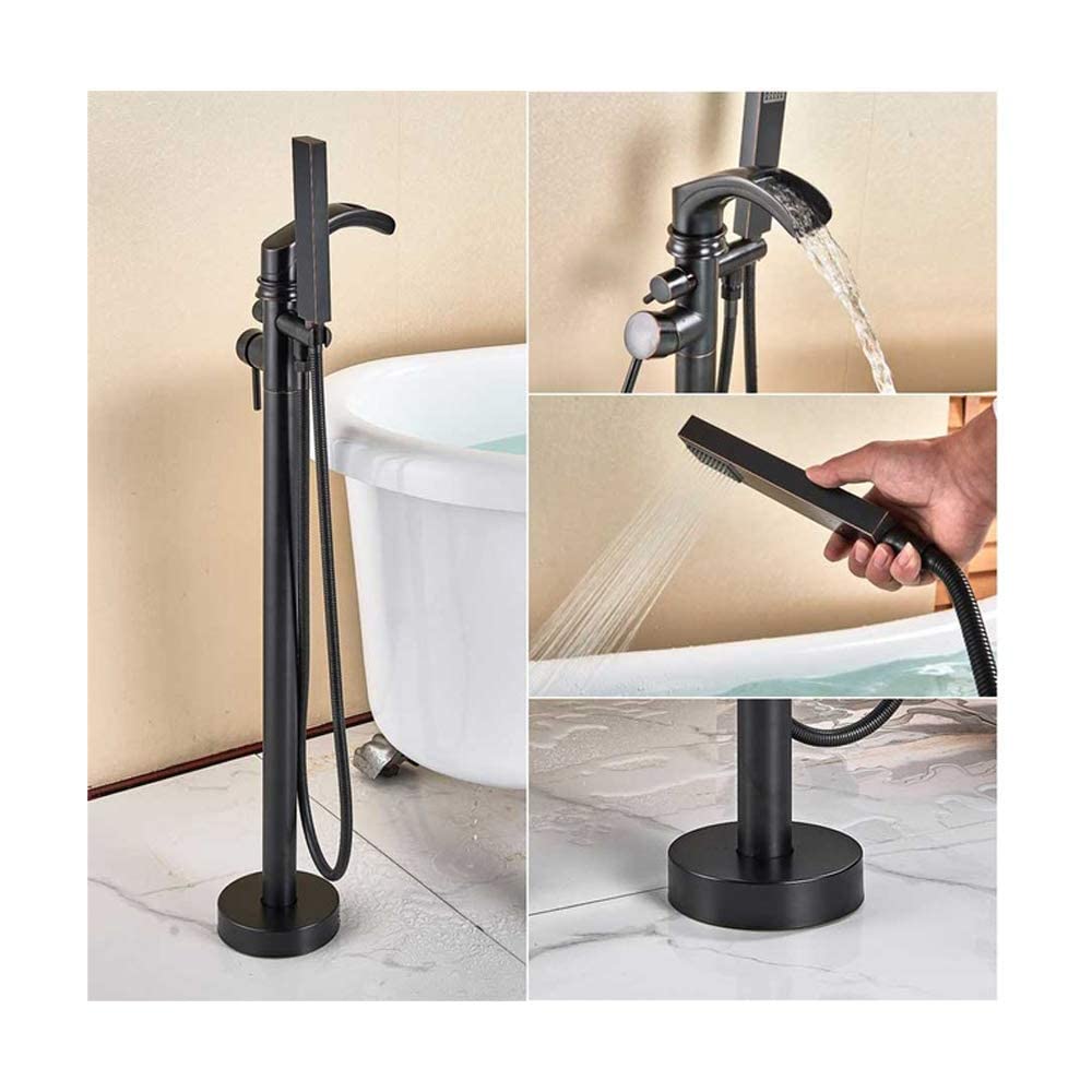 Robinet de baignoire îlot noir sur pied avec bec cascade et douchette pluie