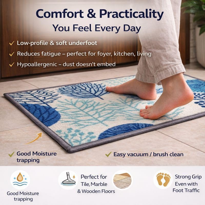 Image of Matz&More Nylon Tufted Gel Baking Anti-Slip Floor Mat | 40 x 60 cm | Blue & White Floral Design | Doormat for Home Entrance, Kitchen & Bedroom