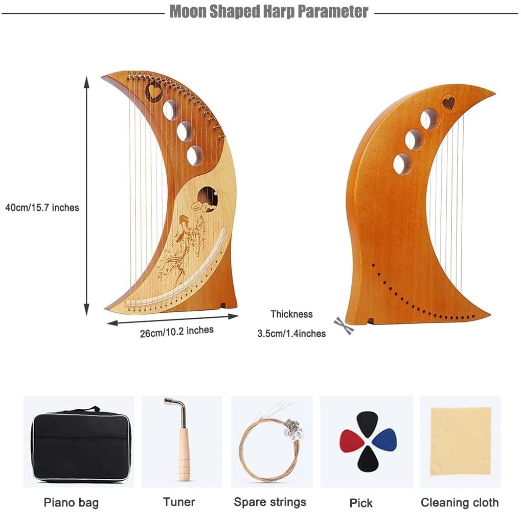 XuRX Harp Autohanps Lyre Design humanisé des harpes de Lune, des Instruments à Cordes Classiques Traditionnels, avec Un Emballage de Performance, Un Tuner, des chaînes de Rechange (Taille: 19 String)
