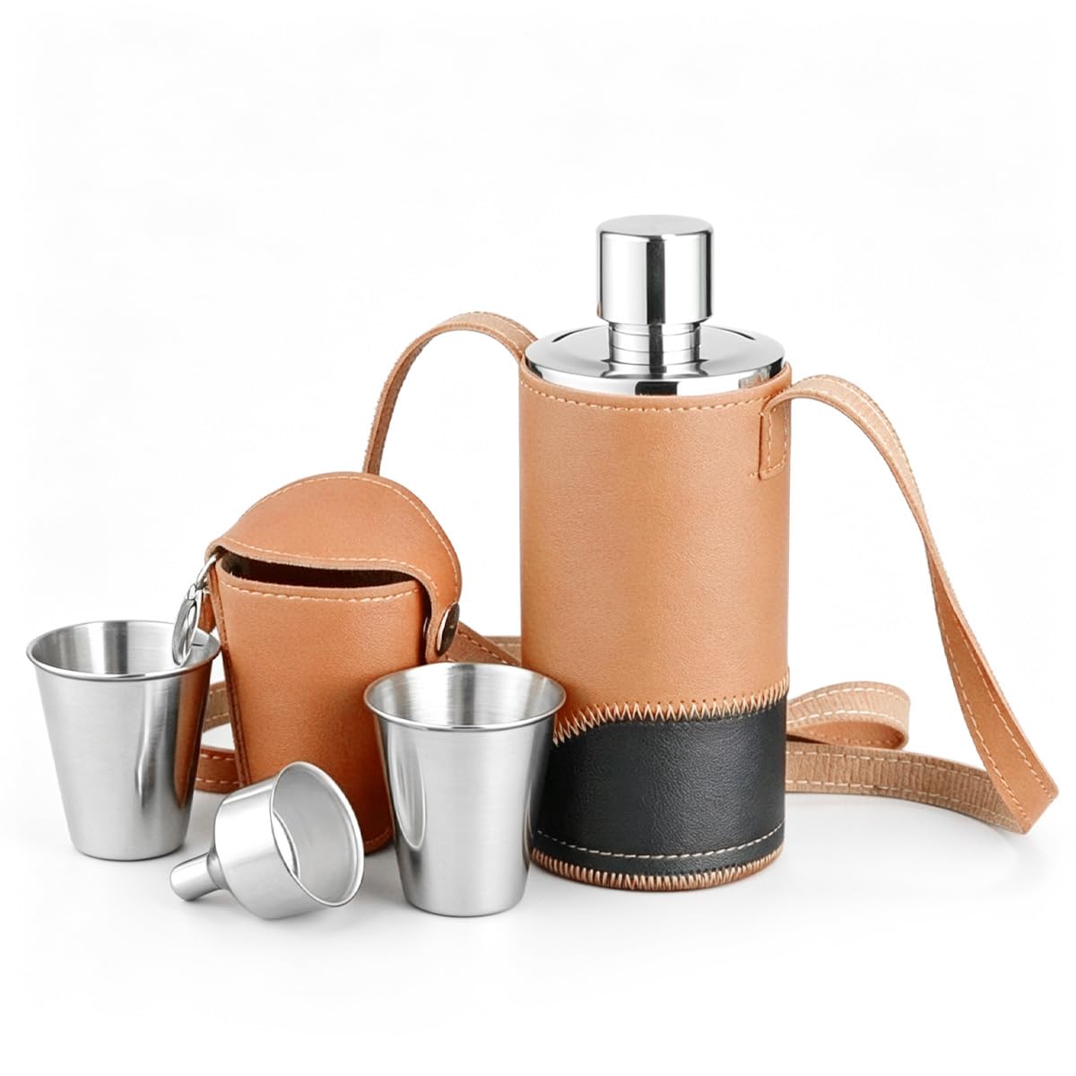 Ticha Vintage Mens 500ml PU Leather Stainless Steel Hip Flask with Funnel and Cups, for Camping, Travel, Golf and Outdoor Use