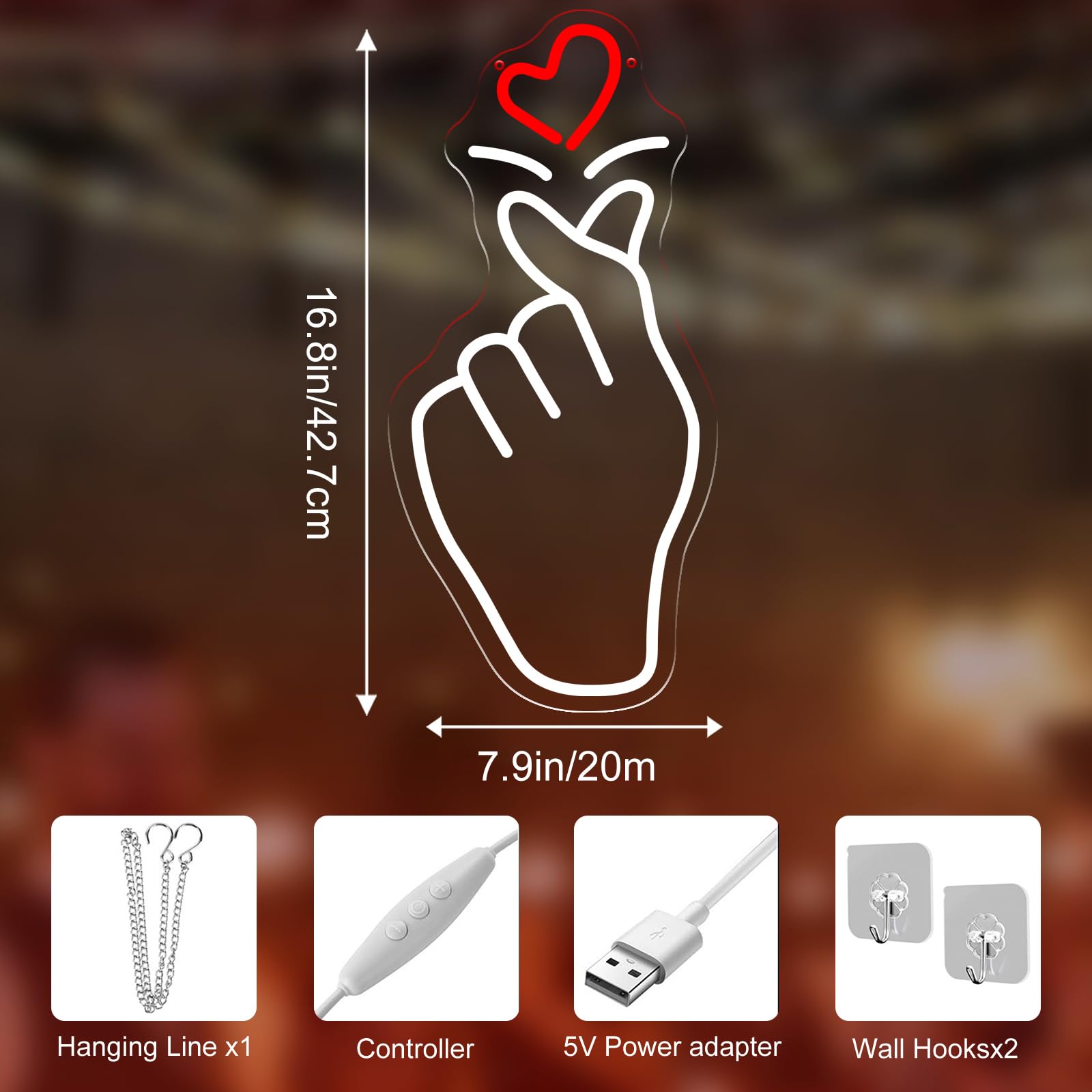 Letrero de neón con forma de corazón de dedo, 42,7 x 20,1 cm, luz LED de pared, alimentado por USB, romántica, decoración para dormitorio, sala de estar, día de San Valentín, boda, fiesta