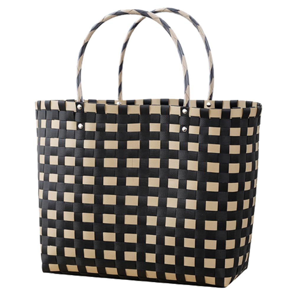 ブラック・ホワイト チェック柄 かごバッグ プラカゴ インディゴxホワイト 斜めチェック柄 Lサイズ トート