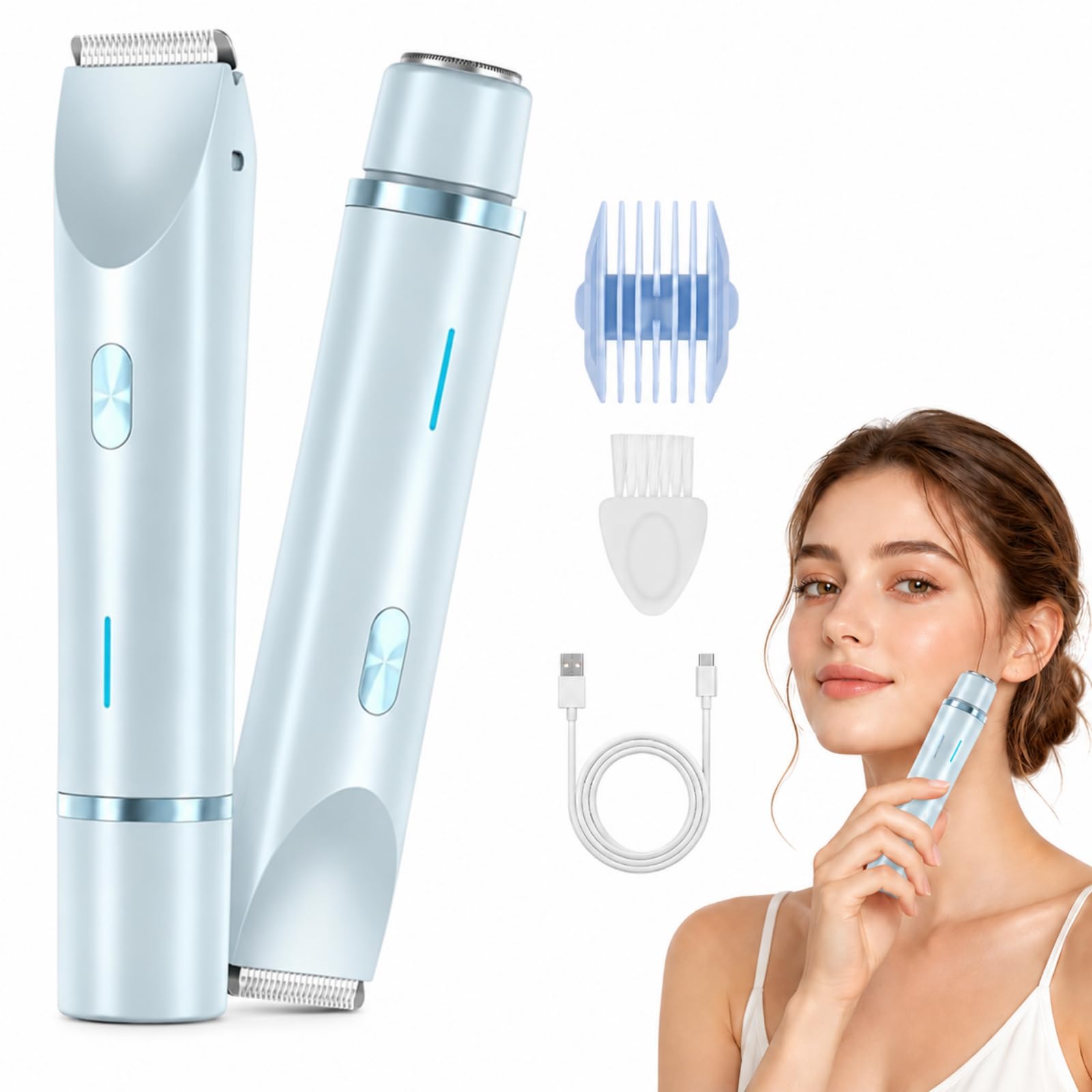Razerly Dual Head Shaver Mujer Depiladora 2 Un 1 Inalambrica Mujer Uso Ducha Seco Y Humedo Piernas Axilas Rostro (Azul)