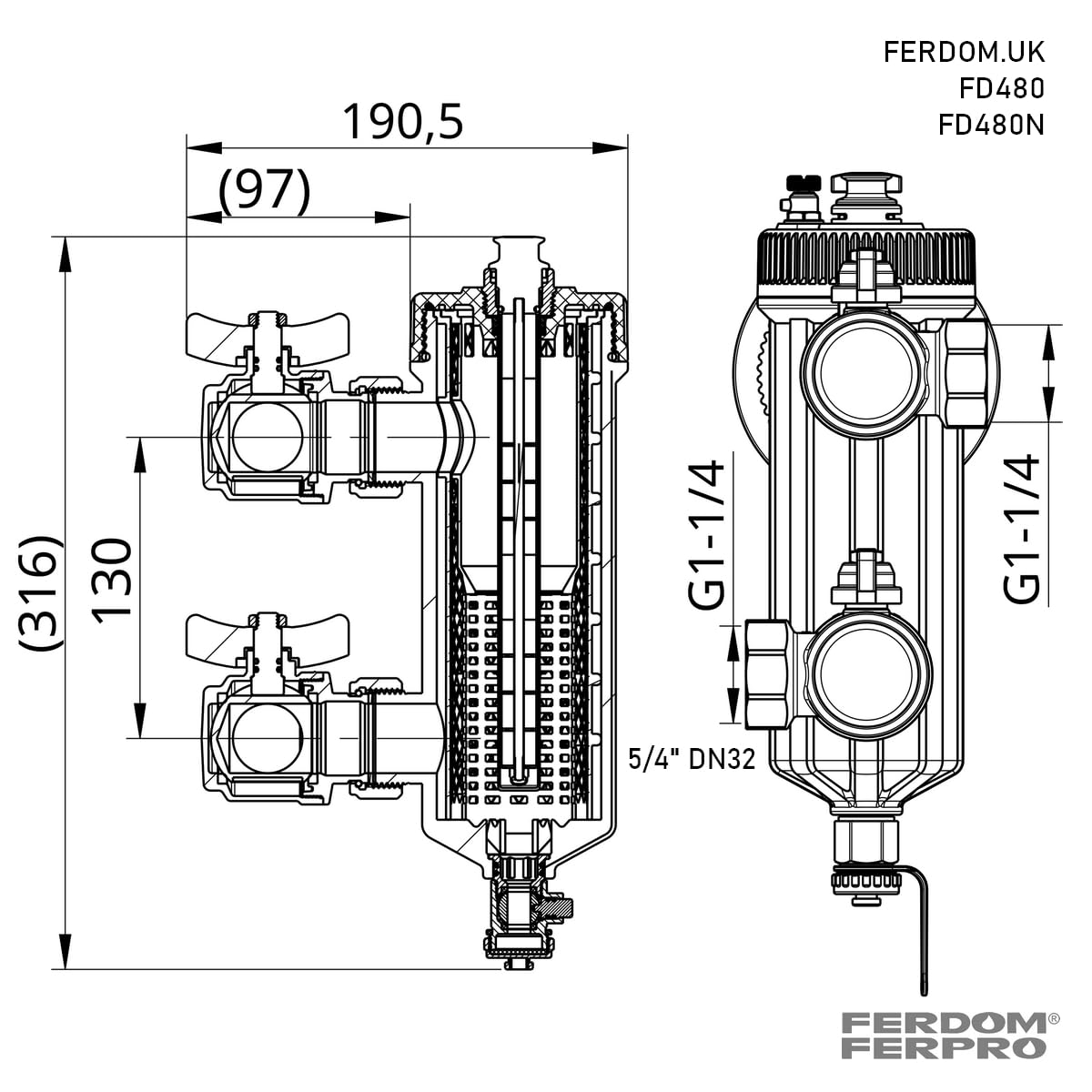 FERDOM FD480 HEAVY 5/4" DN32 Filtro Magnetico Con Separatore Per Riscaldamento Centrale, Pompe di Calore ecc. Magnete 12000Gs. Doppio Filtraggio 3000μm e 700μm. Per impianti da 70kW. 2 valvole da 5/4"