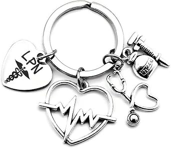 Kits Kiss LPN Licensed Practical Nurse Keychain Nurse Stethoscope Syringe ECGEKG Heartbeat Charm Nurse Student Graduation School Gift Caduceus Medical Symbol LPN Key Ring, Silver, 1.2 inches 3 cm