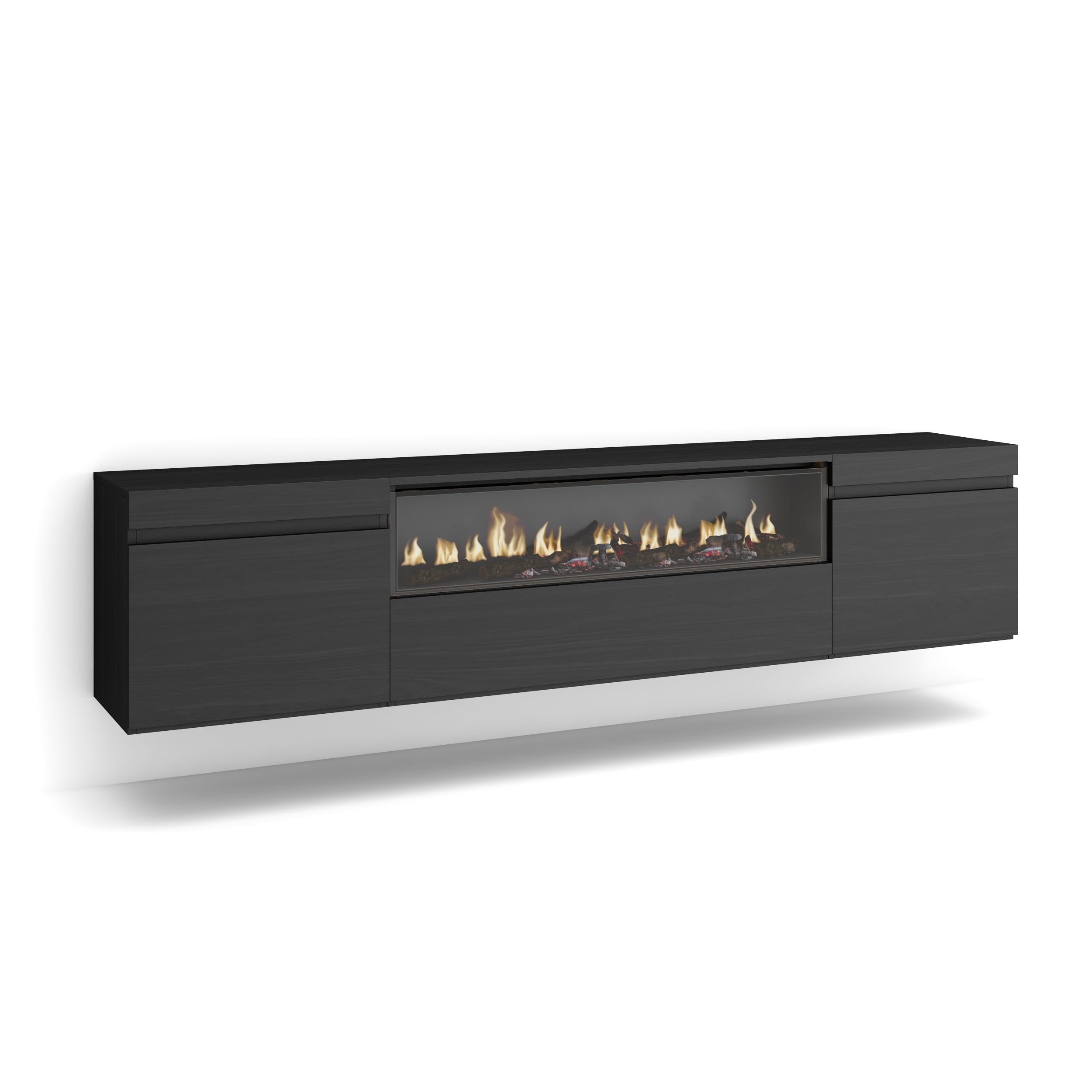 Skraut Home | Meuble TV | Banc Télé | Grand Espace de Rangement | 200x45x35cm | pour Les TV jusqu'à 80" | Cheminée électrique | Suspendu, Mural | Style Moderne | Noirs