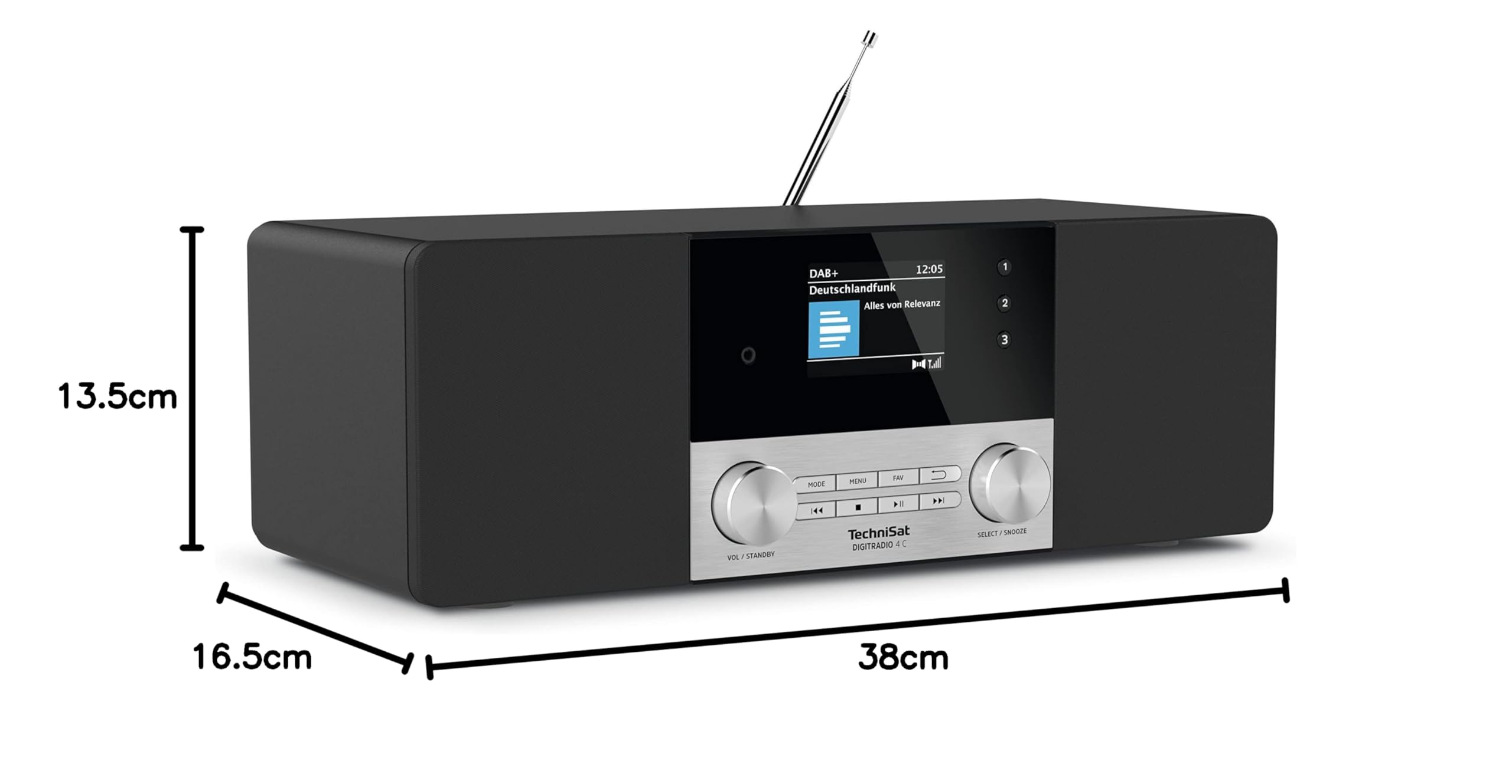 TechniSat DIGITRADIO 4 C - Radio numérique stéréo (Dab+, FM, écran Couleur, Streaming Audio Bluetooth, Prise Casque, entrée AUX, Radio-réveil, écran OLED, 20 Watts RMS, Haut-Parleur Elac) Noir