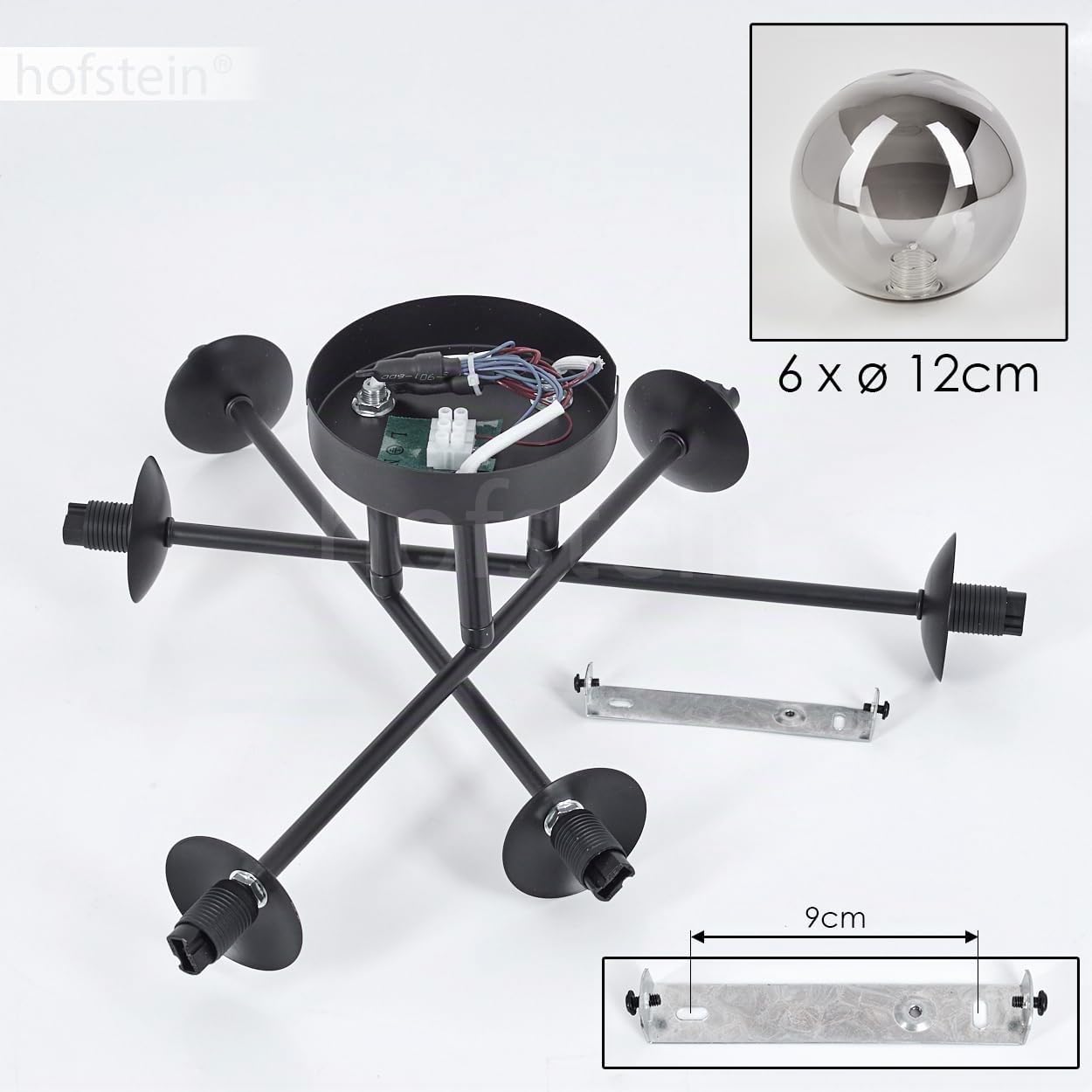 Hofstein Plafoniera Chehalis, lampada da soffitto in metallo/vetro nero/fumé, illuminazione in stile moderno retrò/vintage con paralumi in vetro (Ø 12 cm), 6 x G9