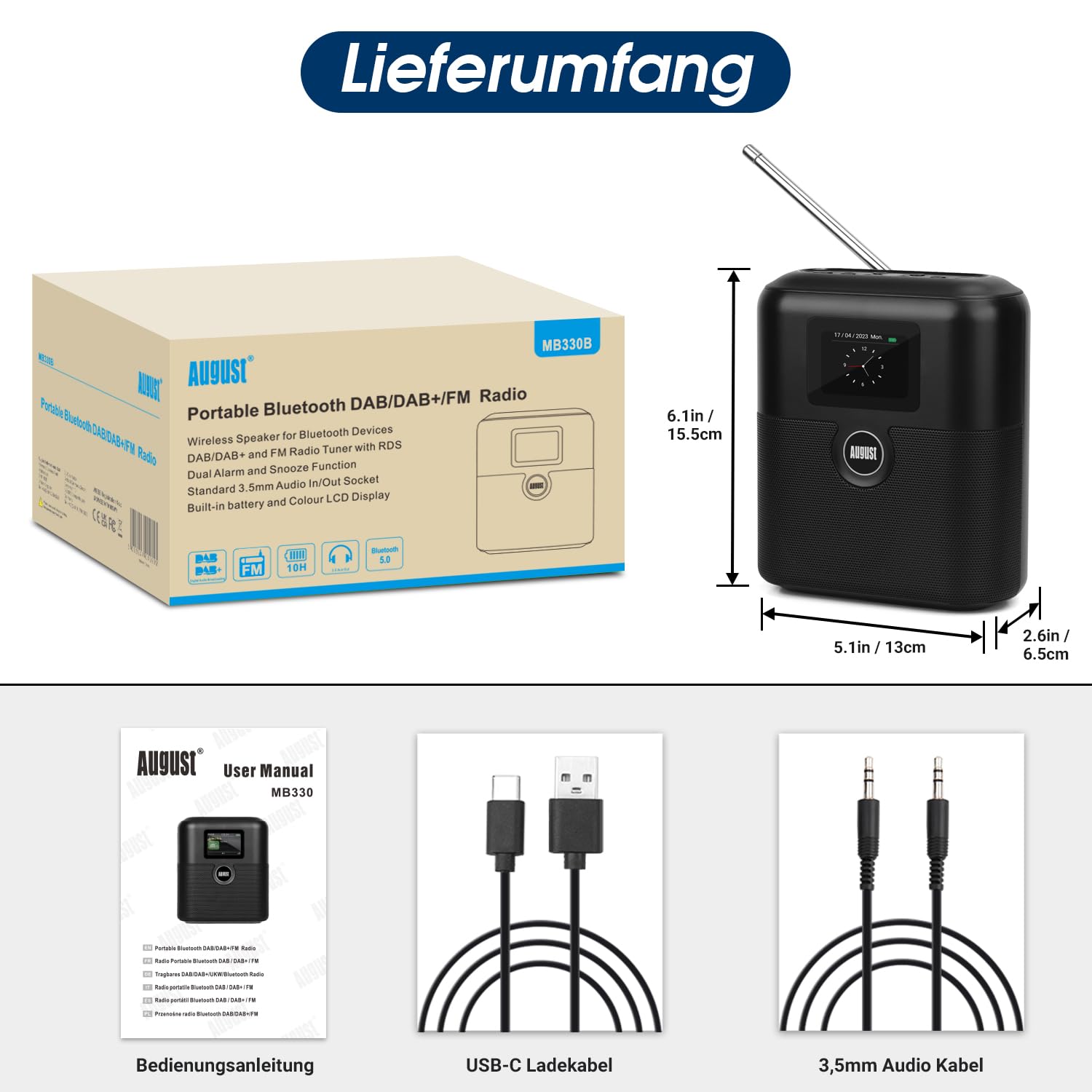 August MB330 Tragbares DAB+/UKW Radio mit Bluetooth – Digitalradio mit Akku Doppel Wecker, 60 Presets, Sleeptimer, 6W Lautsprecher, Farbdisplay, EQ, AUX EIN/Aus, USB-C, für Küche Schlafzimmer Outdoor