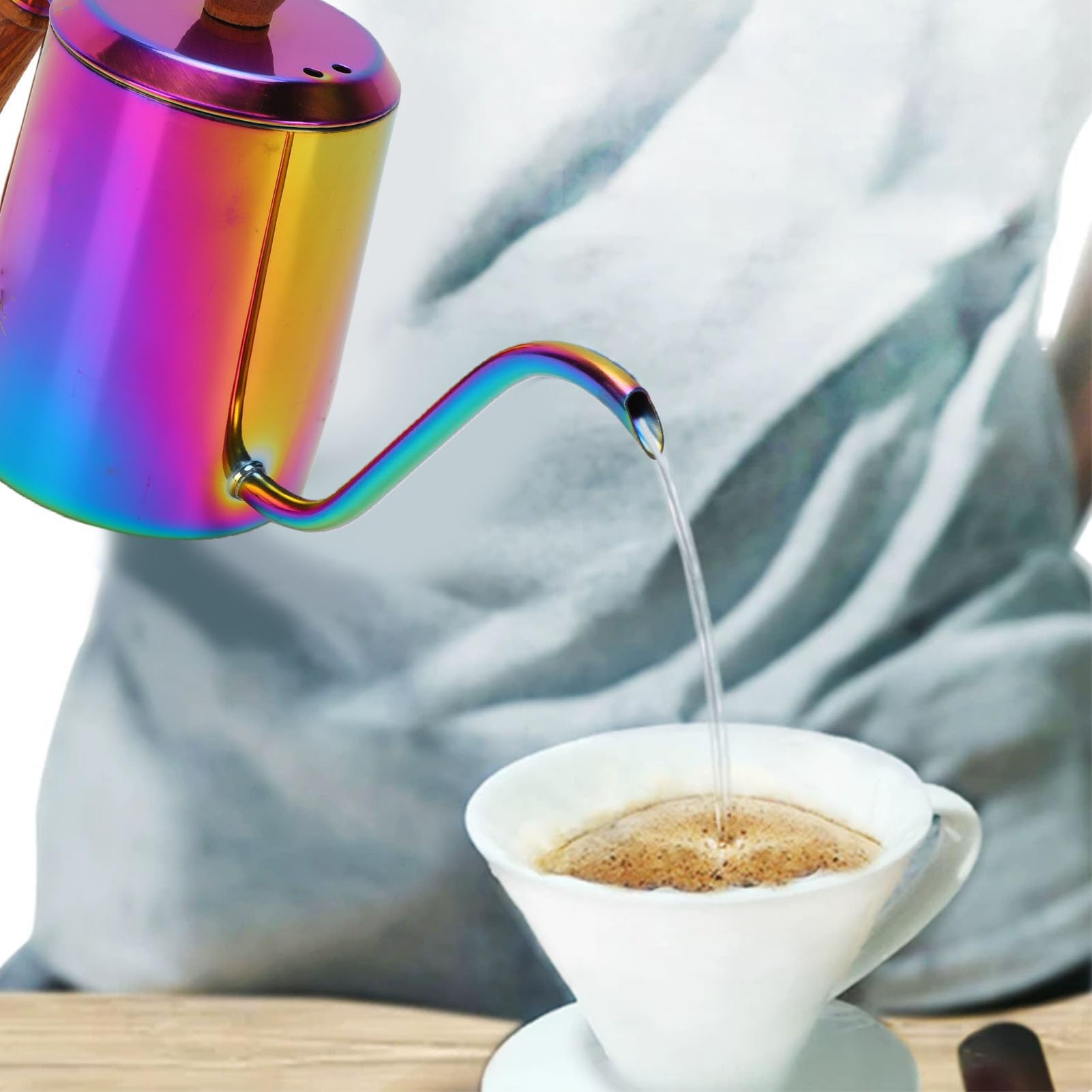 Bollitore per caffè Versato, Acciaio Inossidabile con Manico in Legno, capacità di 600 Ml per la Casa e l'esterno