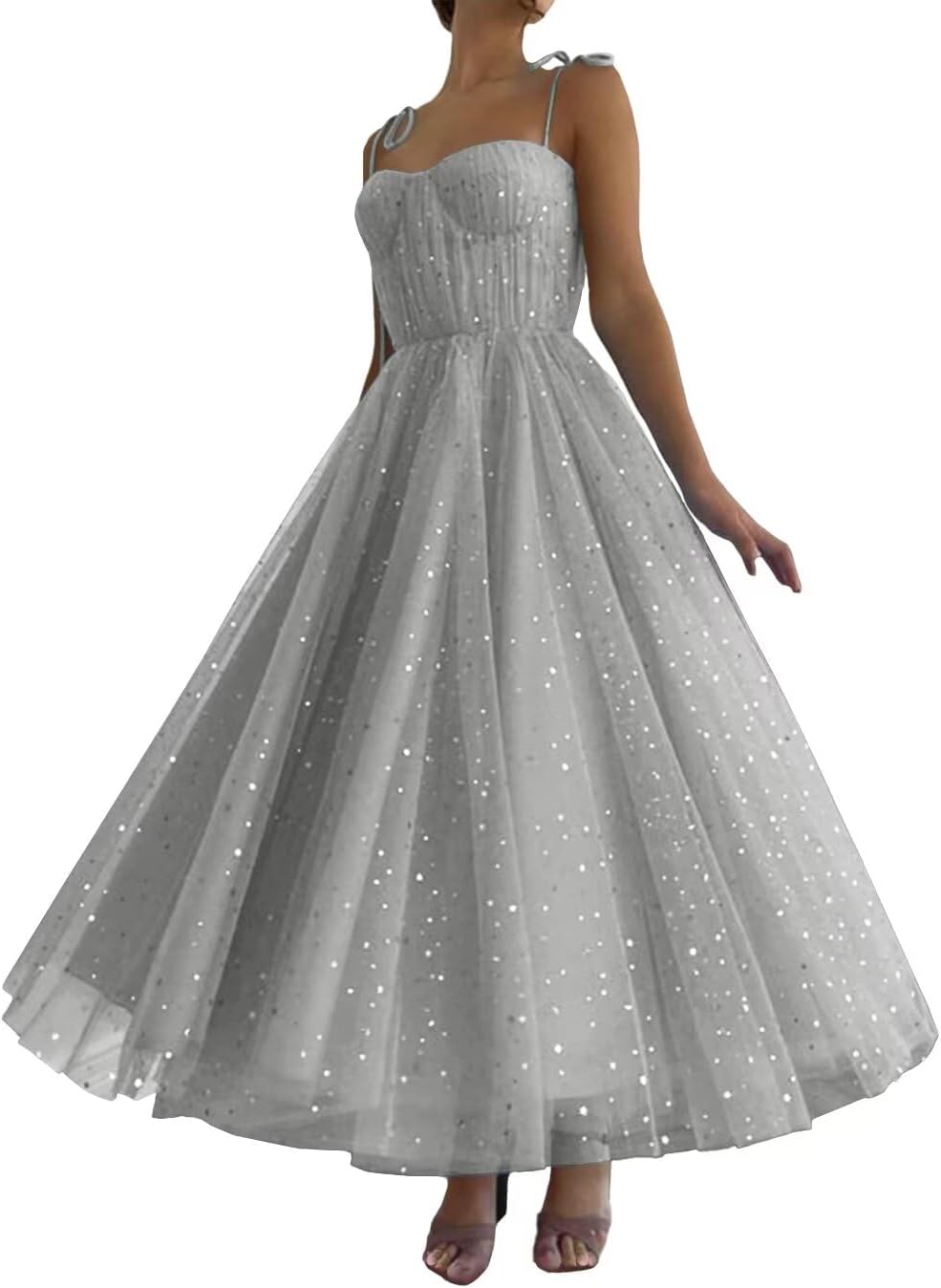 Xijun Women's Sparkle Starry Tulle Prom Dresses Tea Length Sweetheart Corset Formal Evening Party Gowns