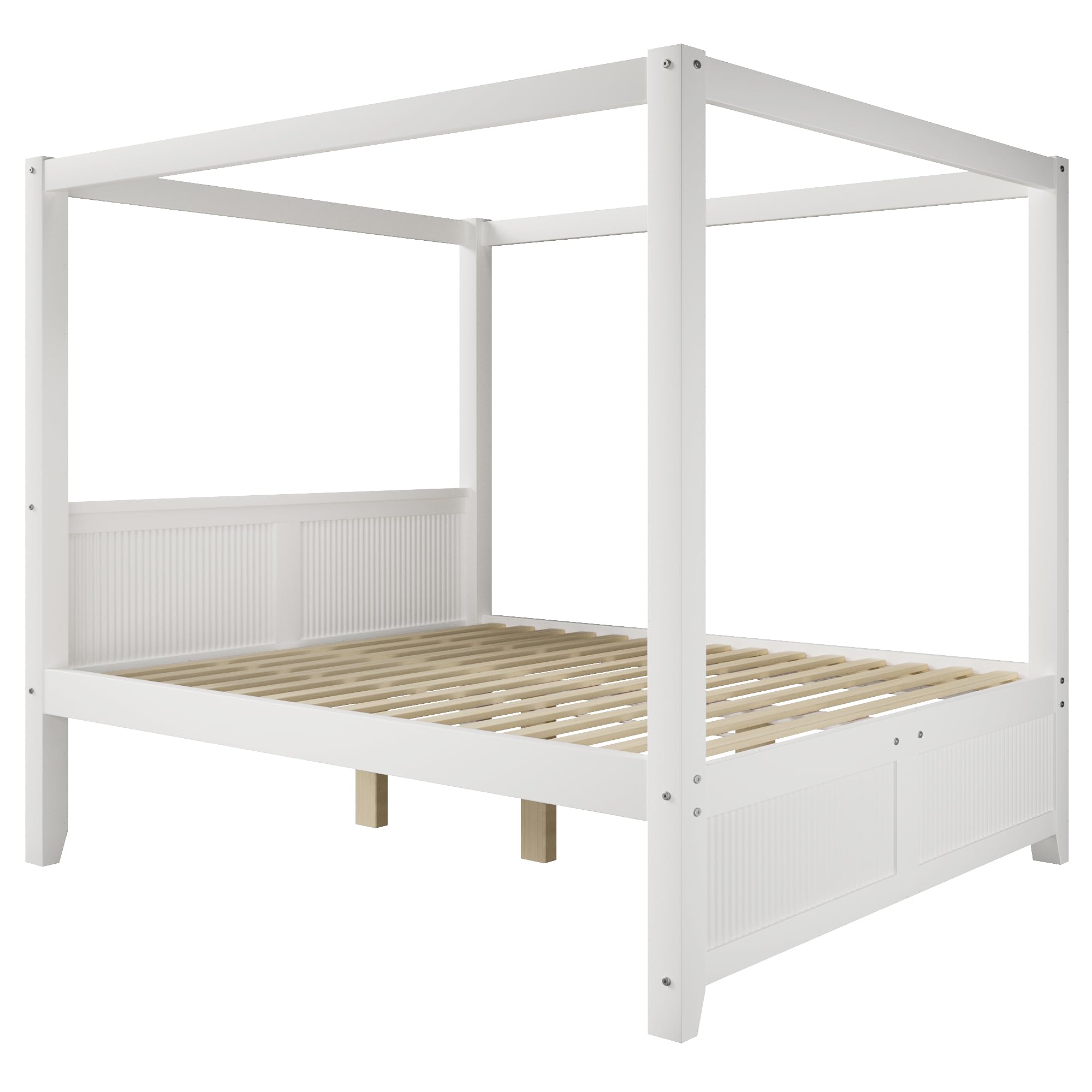 Himmelbett 140x200 cm aus Holz mit dekorativem Dachrahmen und vertikalen Lamellen am Kopf- und Fußteil, Weiß