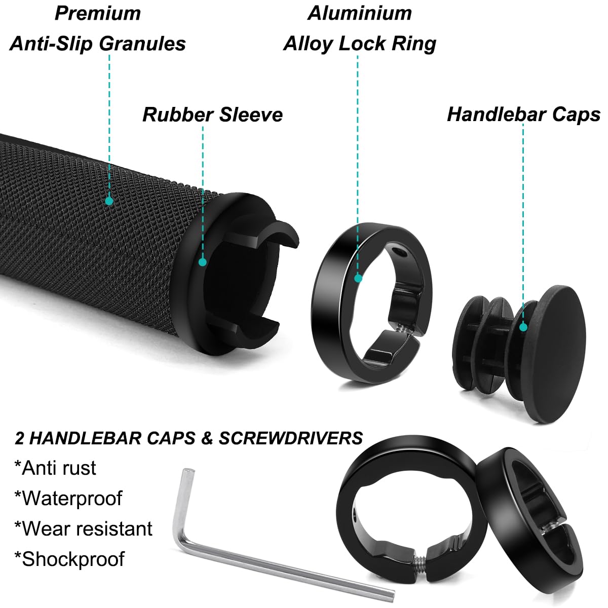 REETEE Uchwyty rowerowe, antypoślizgowe uchwyty na kierownicę rowerową, ergonomiczne uchwyty MTB, dwa końce, aluminiowe, do rowerów górskich/skuterów MTB, 22,2 mm, czarne (130 mm + 130 mm)