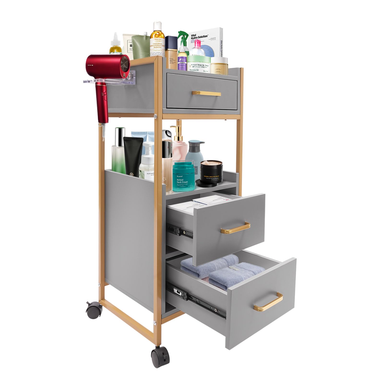 Carro de peluquería con 3 cajones y 2 estantes abiertos, carrito de almacenamiento de salón con ruedas y soporte para secador de pelo, carrito de cosméticos, carrito de servicio, carrito de trabajo,