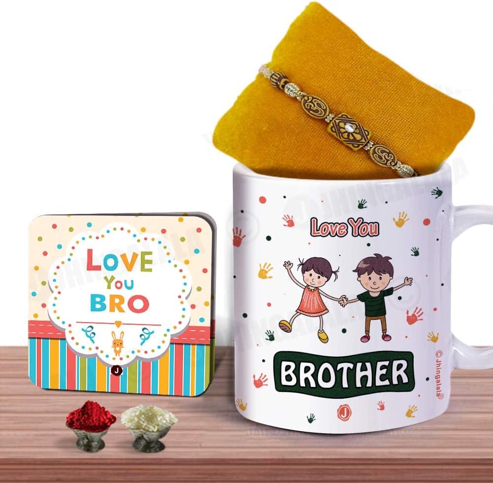 Jhingalala Swastika Pendant Designed Rakhi/Bracelet, Love You Brother Printed Ceramic Mug, Love You Bro Greeting Card, Roli Chawal Raksha Bandhan Gift Pack for Men ( White )