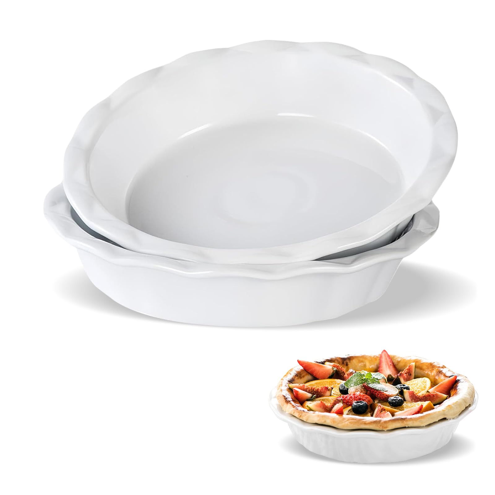 MEETOZ 2 moldes de cerámica para tartas, 23 cm para hornear, con borde arrugado para horno, tartas, tartas y quiche para cocinar, hornear y pasteles de frutas (blanco)